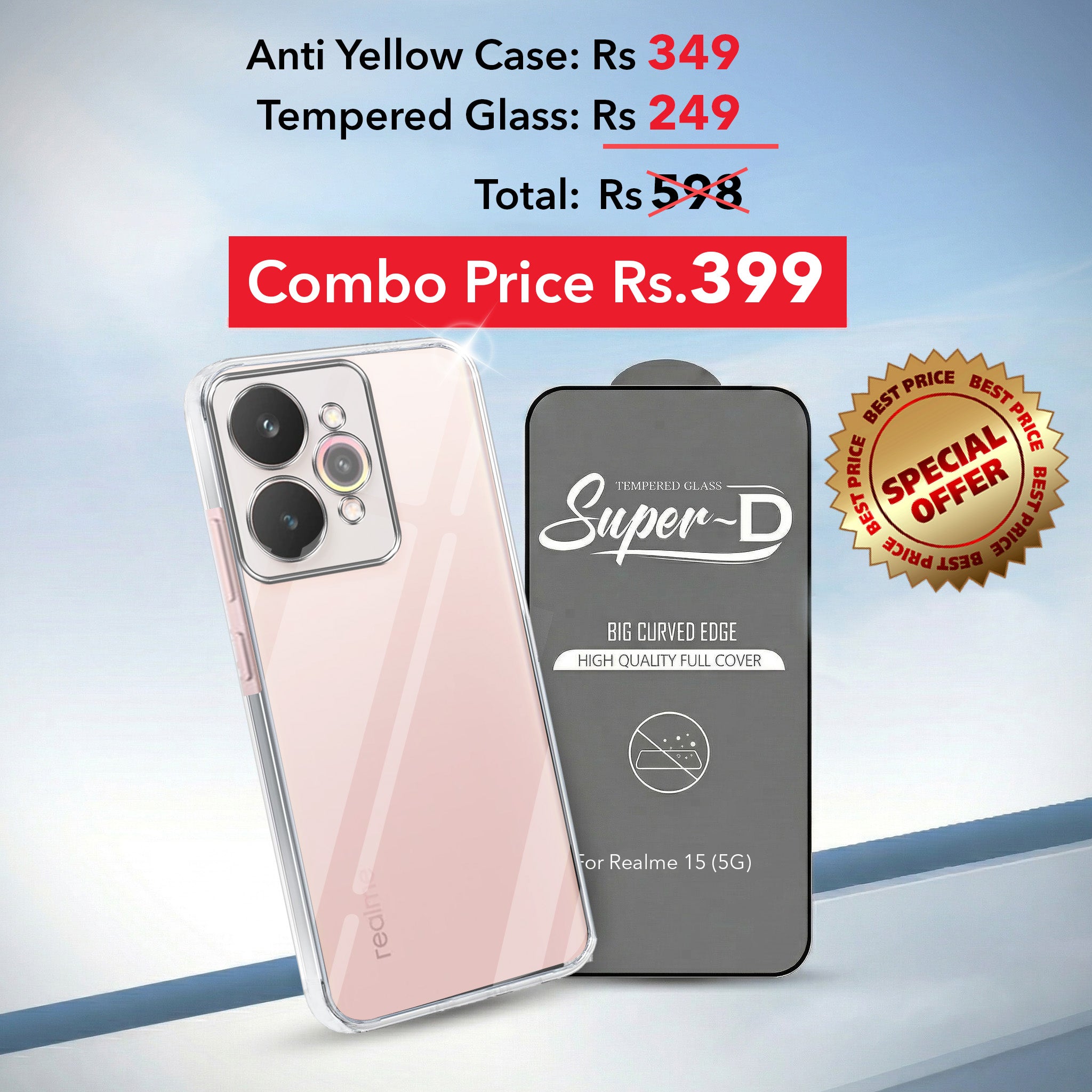 For Realme 15 Combo with Back Cover and 9H Tempered Glass (Lifetime Anti-Yellow | Sleek Hard Crystal | Oleophobic Coating Screen Glass)