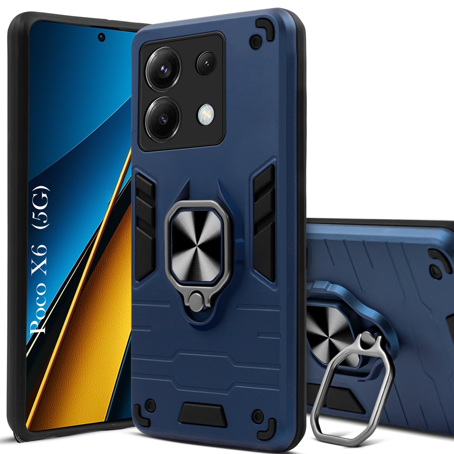 For Poco X6 5G Back Cover Case Hybrid Armor (Shockproof Dual Layer Polycarbonate |Ring Holder Kickstand)
