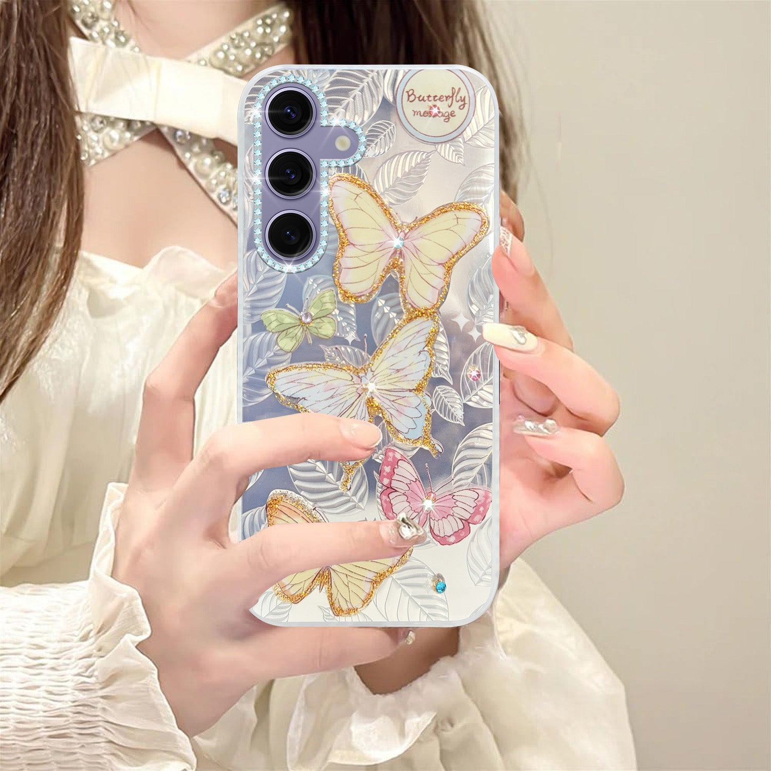For Samsung Galaxy S24 Back Cover Case (Luxury Floral Glitter Cute Butterfly | Diamond Studded Camera Bump | Girls & Women Design)