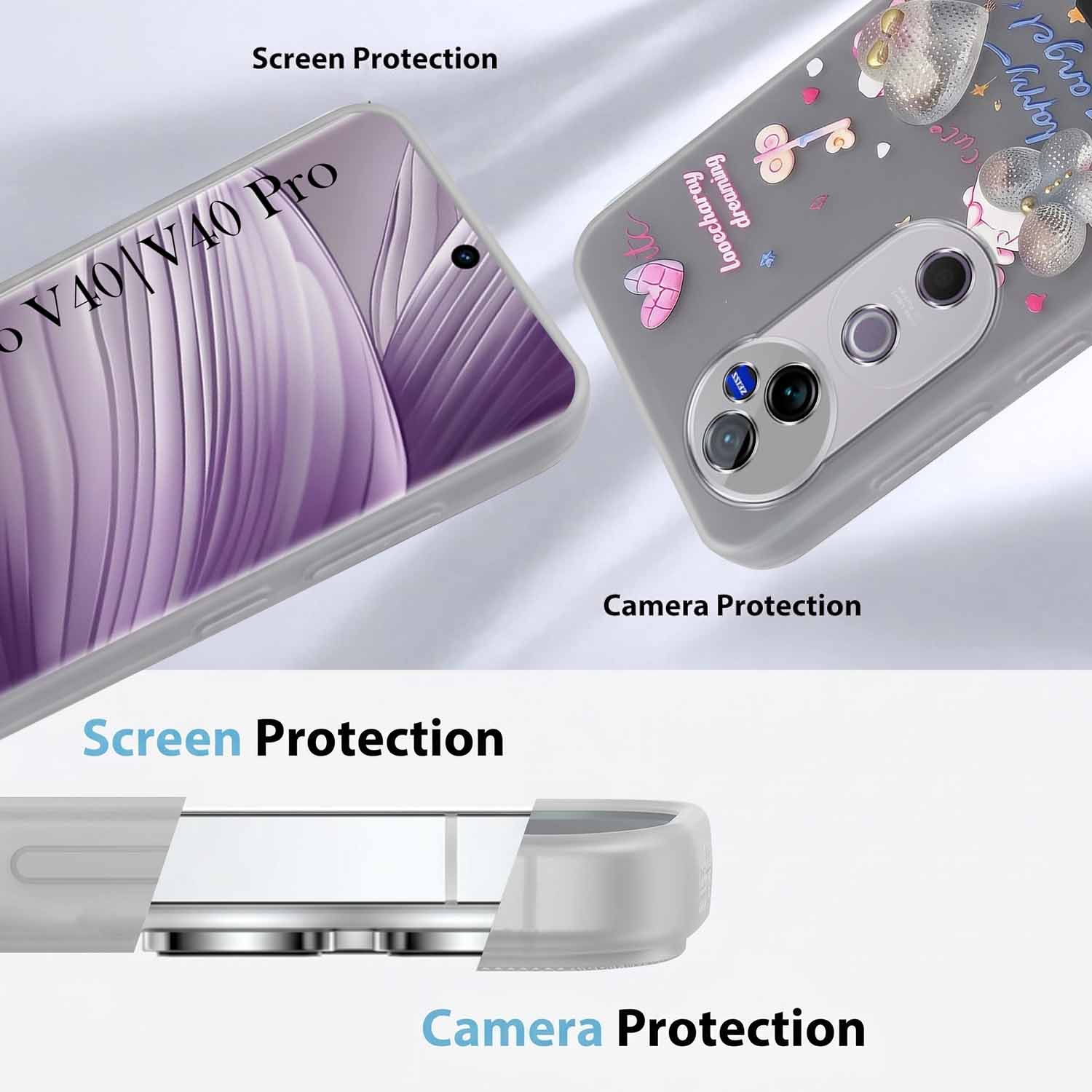 For Vivo V40 | Vivo V40 Pro 5G Back Cover Case (3D Cute Heart Strap Holder | Camera Protection | Designer Girls Print)