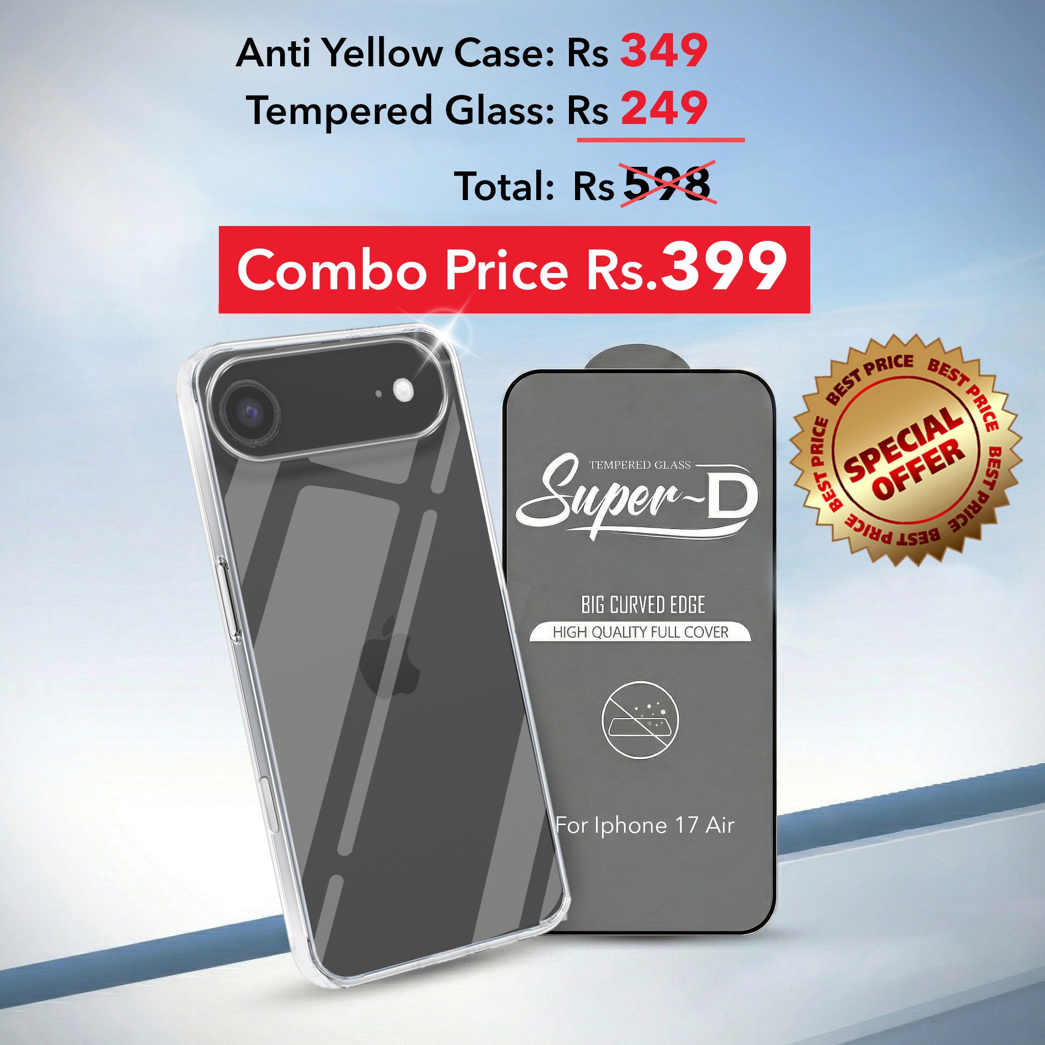 For Apple iPhone 17 Air Combo with Back Cover and 9H Tempered Glass (Lifetime Anti-Yellow | Sleek Hard Crystal | Oleophobic Coating Screen Glass)