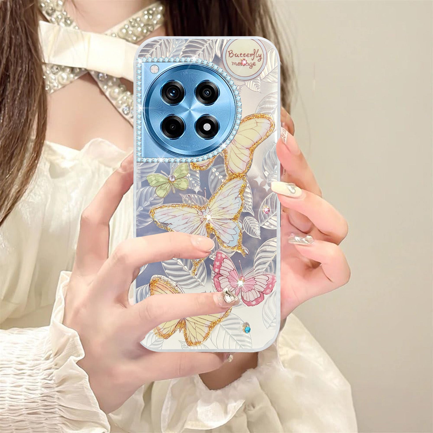 For OnePlus 12R 5G Back Cover Case (Luxury Floral Glitter Cute Butterfly | Diamond Studded Camera Bump | Girls & Women Design)