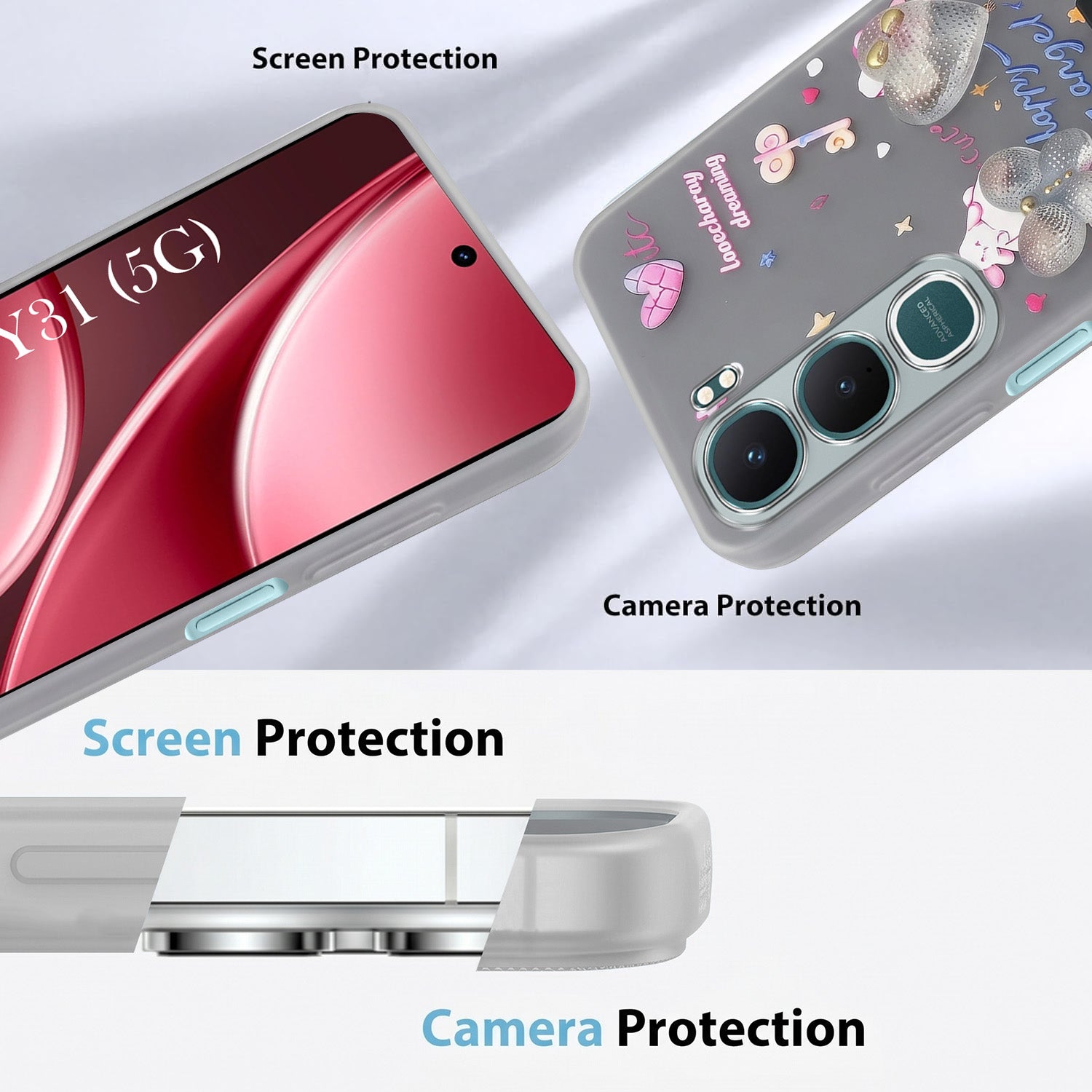 For Vivo Y31 5G Back Cover Case (3D Cute Heart Strap Holder | Camera Protection | Designer Girls Print)