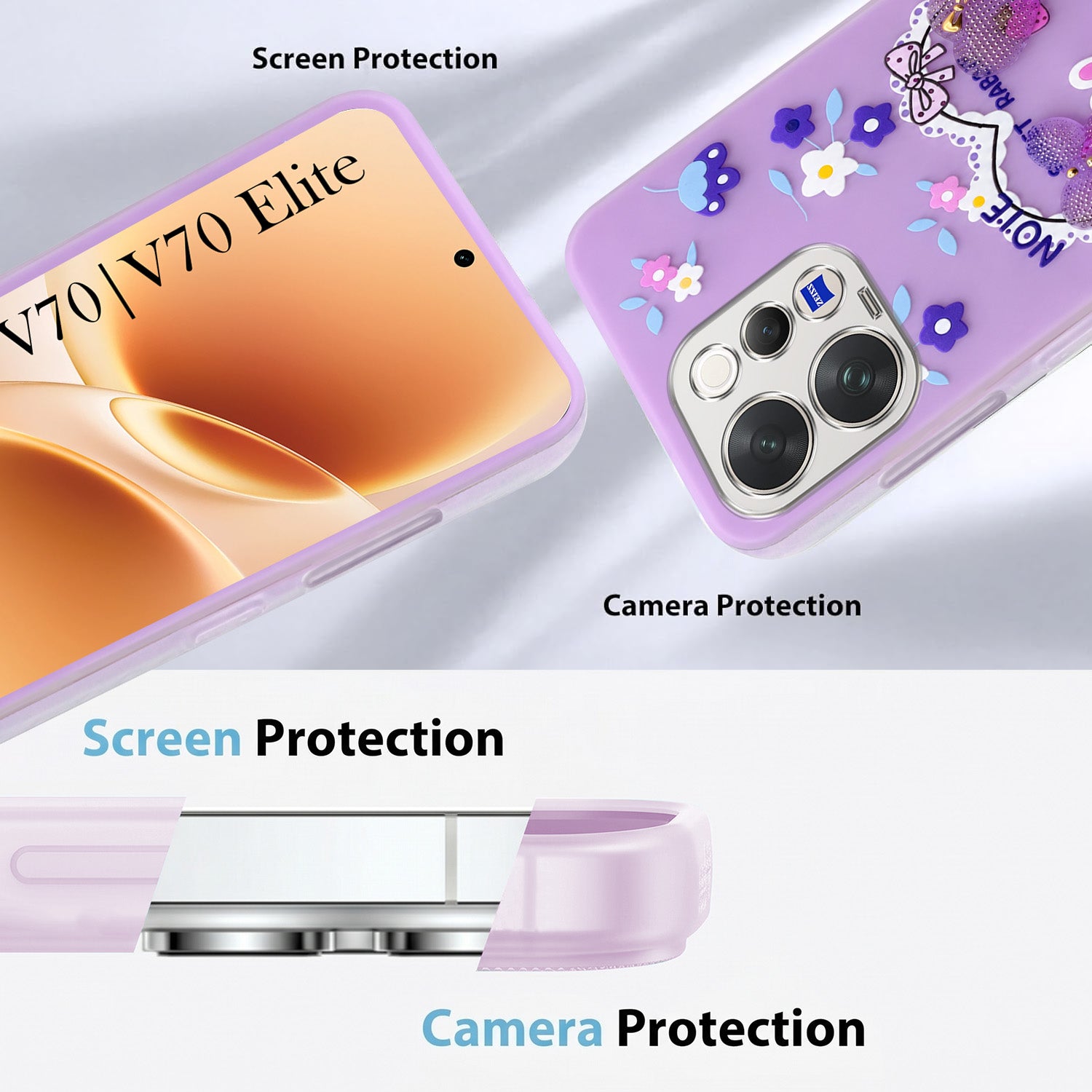 For Vivo V70 | Vivo V70 Elite 5G Back Cover Case (3D Cute Heart Strap Holder | Camera Protection | Designer Girls Print)