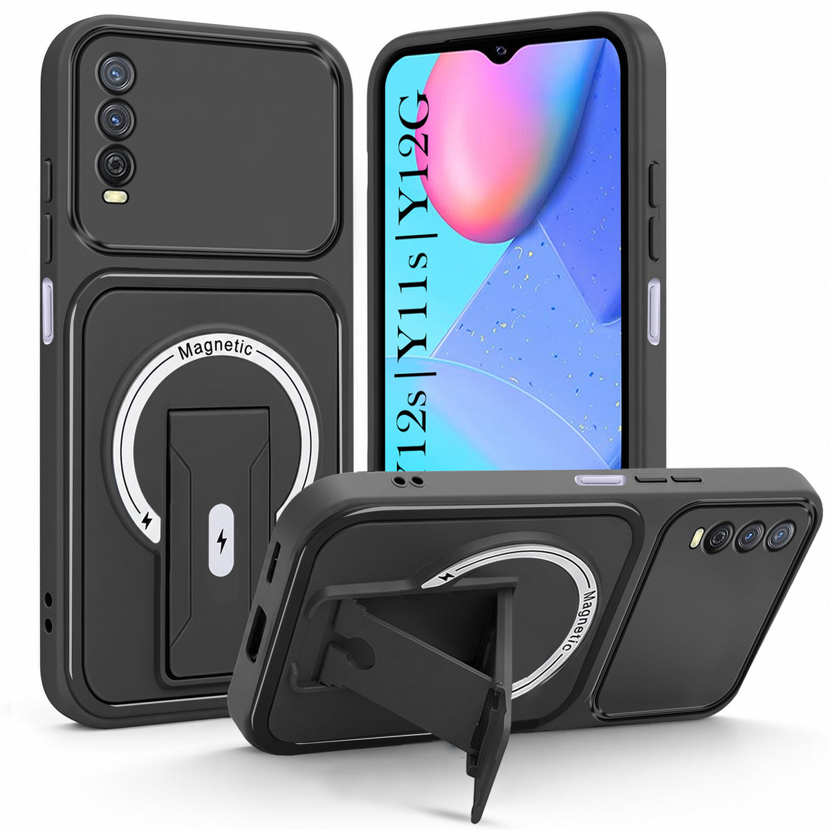 For Vivo Y12s | Y11s | Y12G Back Case Cover Metallic (Hybrid Armor Kickstand | MagSafe Compatible | Camera Protection Shockproof)