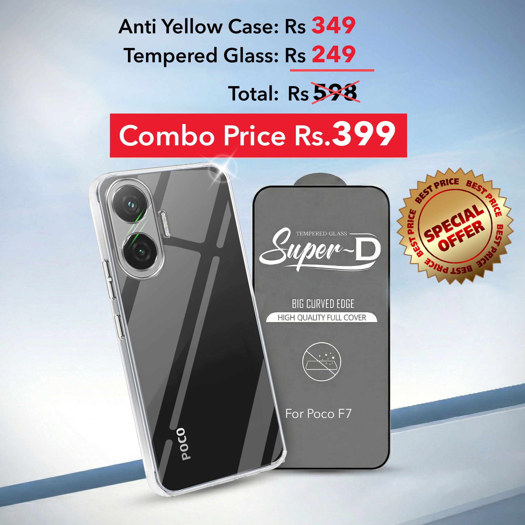 For Xiaomi Poco F7 5G Combo with Back Cover and 9H Tempered Glass ( Lifetime Anti-Yellow | Sleek Hard Crystal | Oleophobic Coating Screen Glass)