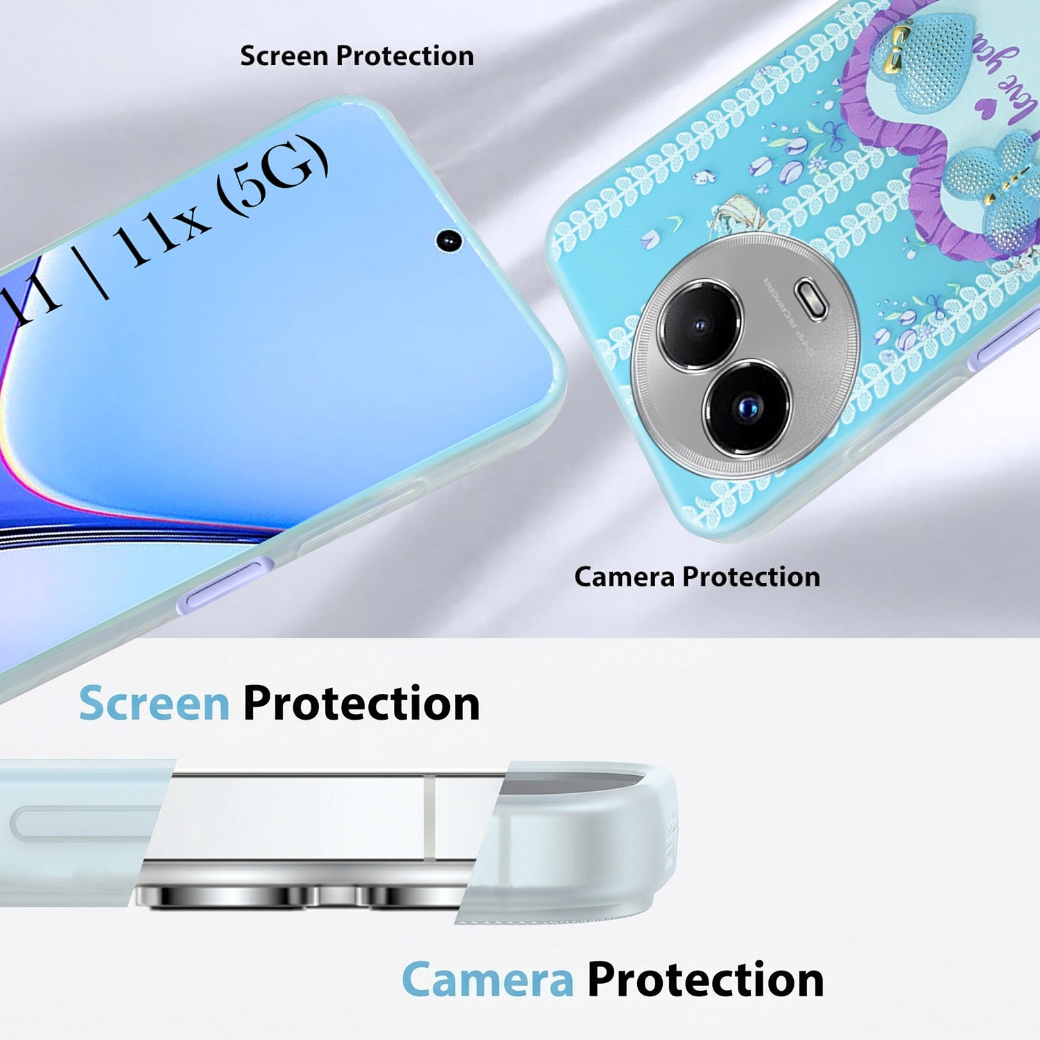 For Realme 11 5G | Realme 11x 5G Back Cover Case (3D Cute Heart Strap Holder | Camera Protection | Designer Girls Print)
