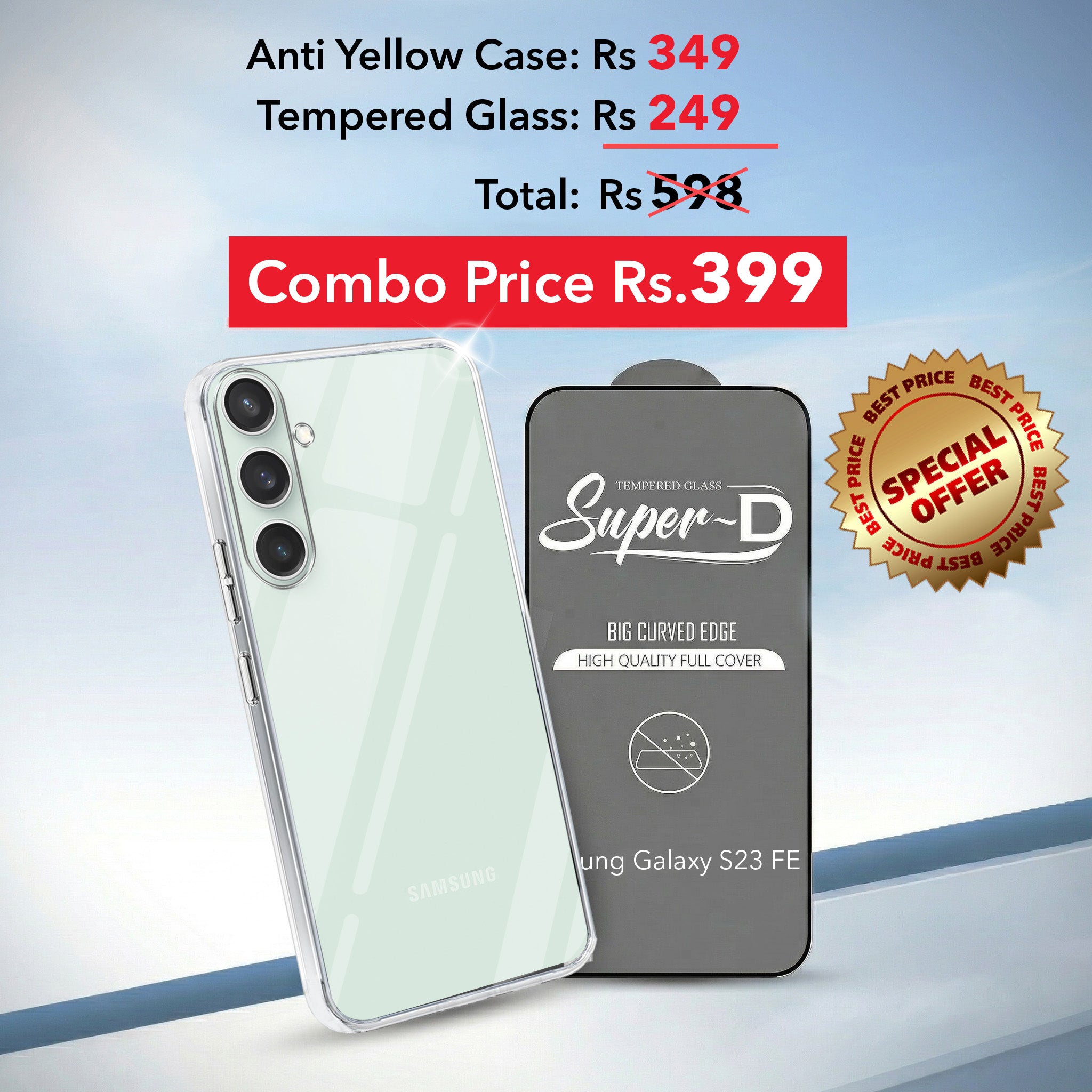 For Samsung Galaxy S23 FE 5G Combo with Back Cover and 9H Tempered Glass (Lifetime Anti-Yellow | Sleek Hard Crystal | Oleophobic Coating Screen Glass)