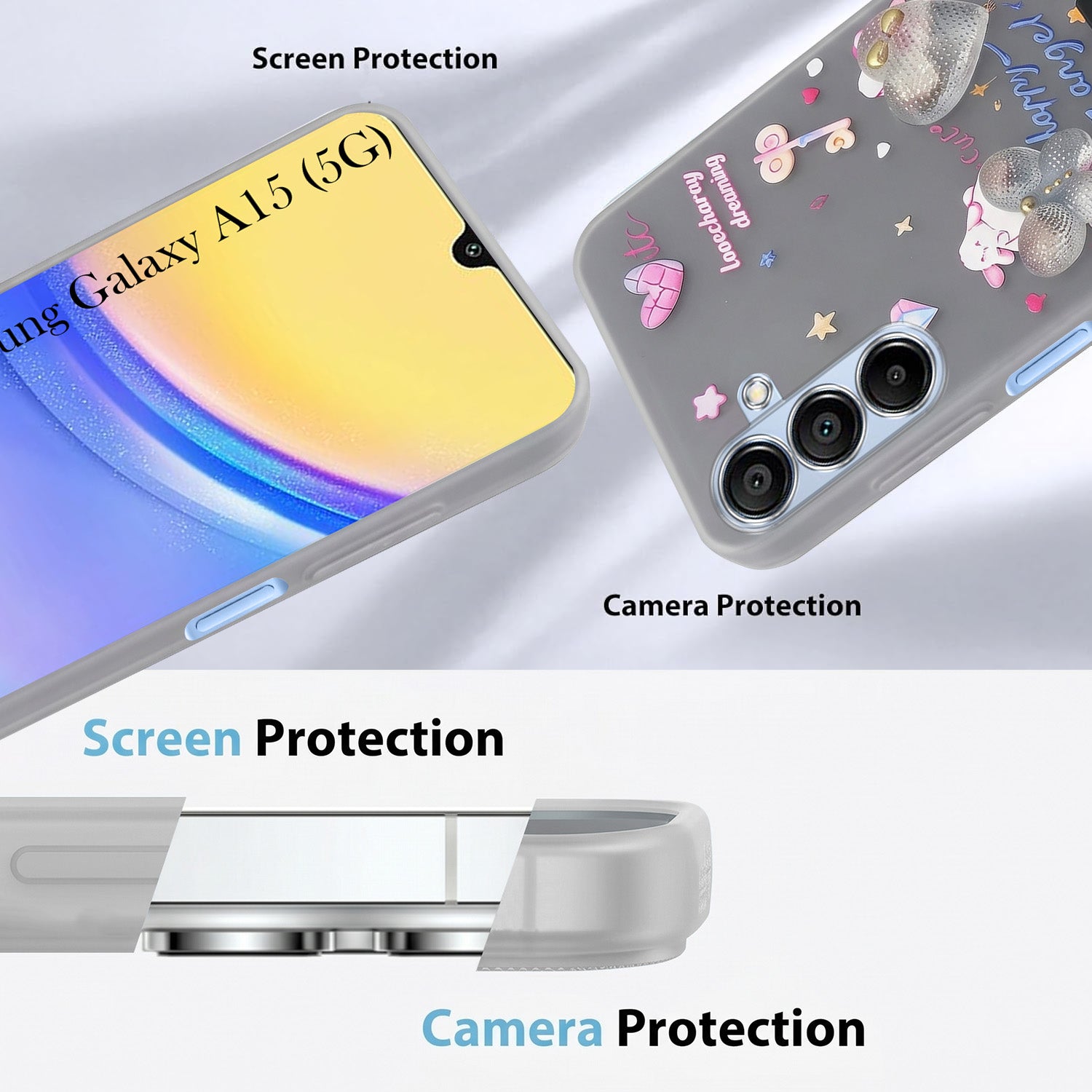 For Samsung Galaxy A15 5G Back Cover Case (3D Cute Heart Strap Holder | Camera Protection | Designer Girls Print)
