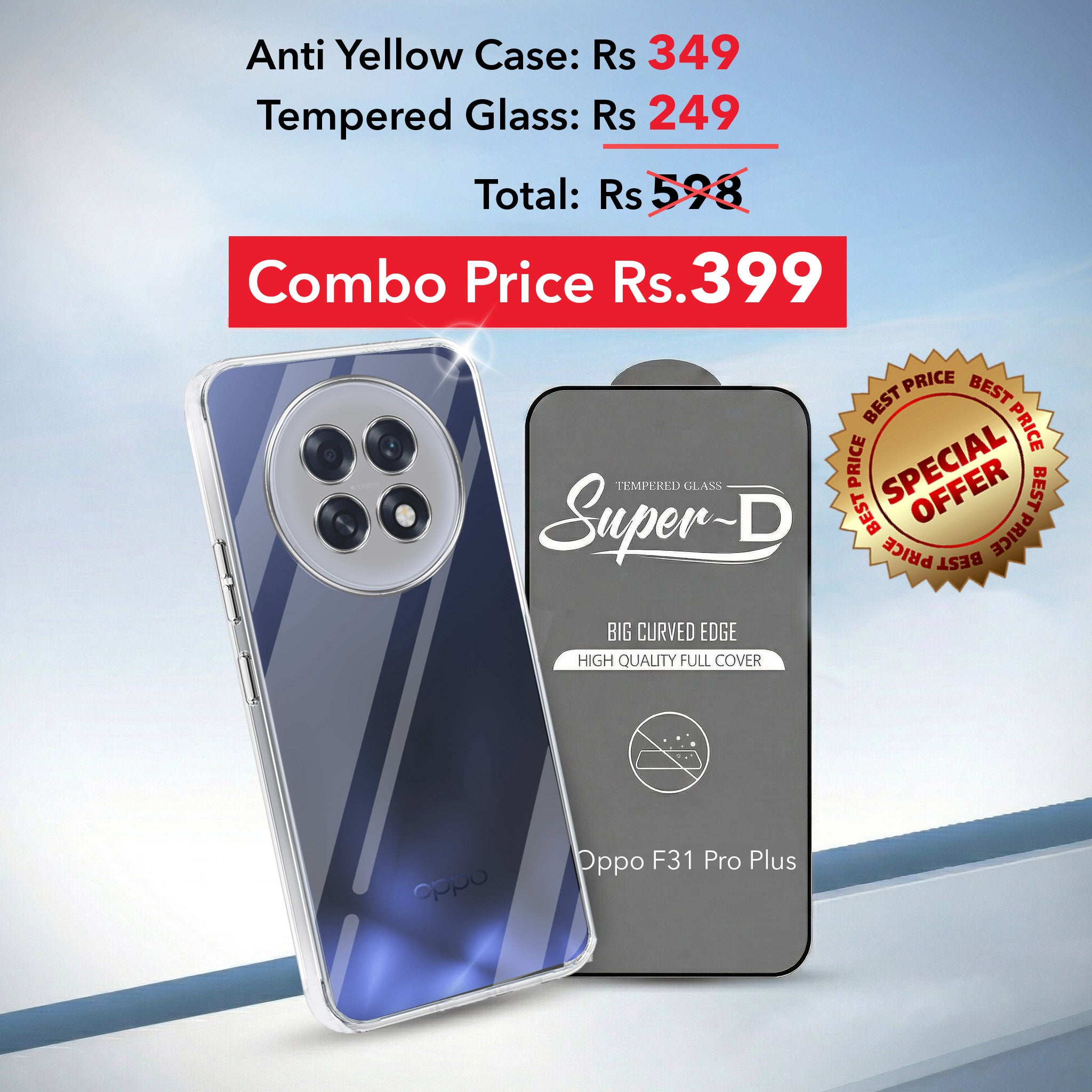 For Oppo F31 Pro Plus Combo with Back Cover and 9H Tempered Glass (Lifetime Anti-Yellow | Sleek Hard Crystal | Oleophobic Coating Screen Glass)