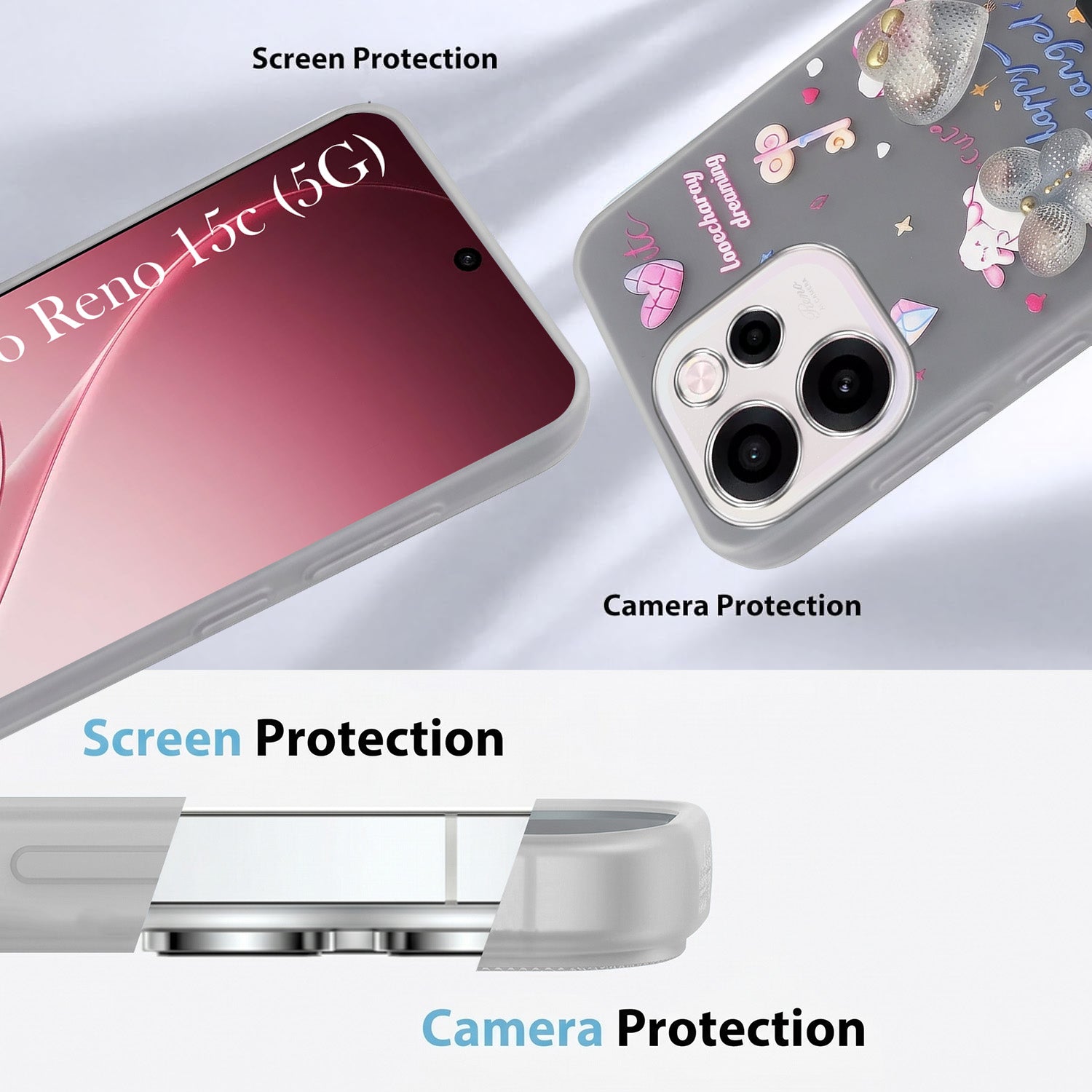 For Oppo Reno 15c Back Cover Case (3D Cute Heart Strap Holder | Camera Protection | Designer Girls Print)