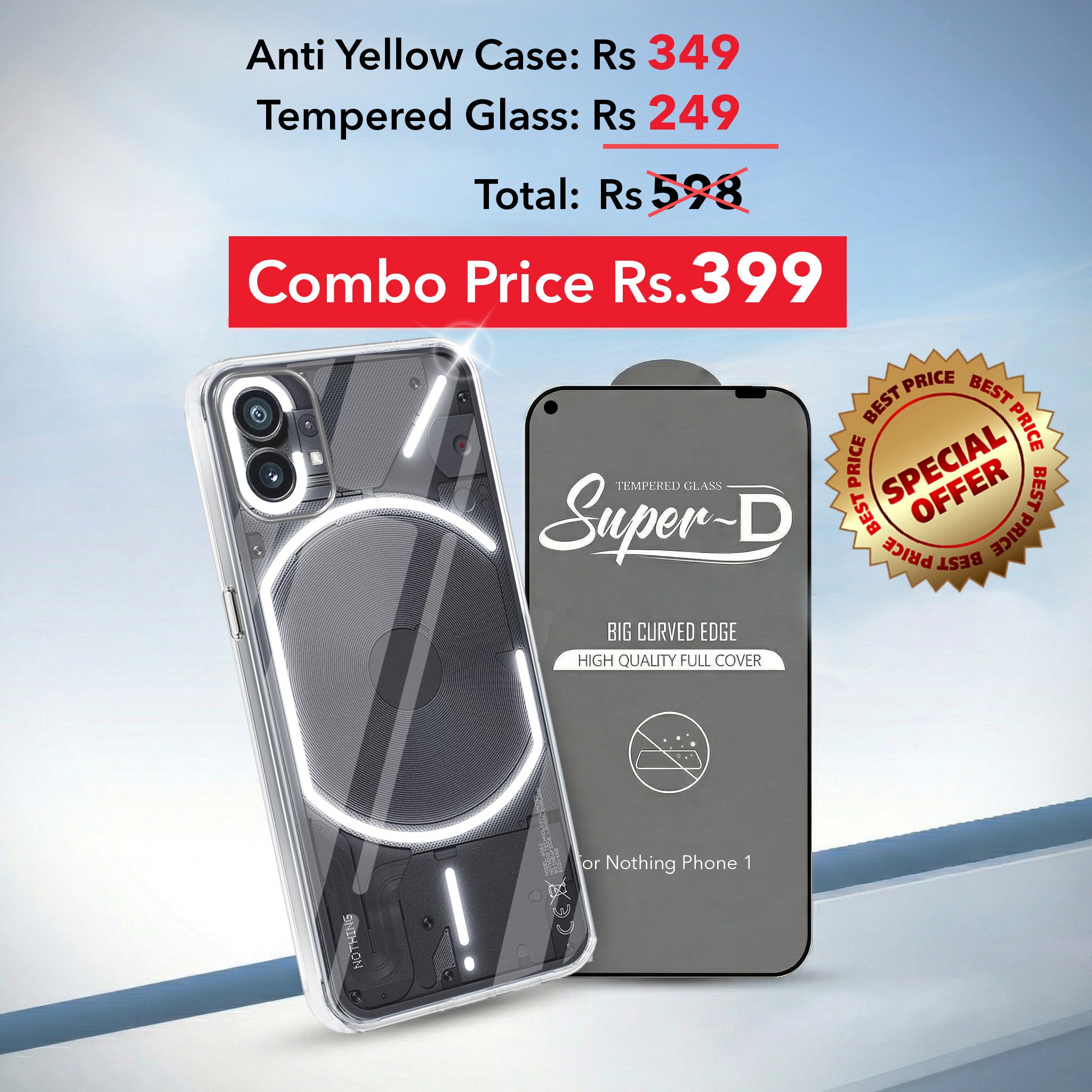 For Nothing Phone 1 Combo with Back Cover and 9H Tempered Glass (Lifetime Anti-Yellow | Sleek Hard Crystal | Oleophobic Coating Screen Glass)