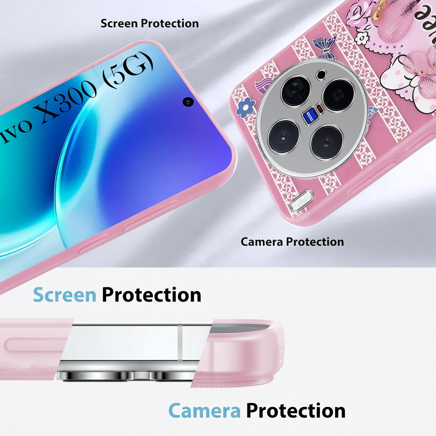 For Vivo X300 5G Back Cover Case (3D Cute Heart Strap Holder | Camera Protection | Designer Girls Print)