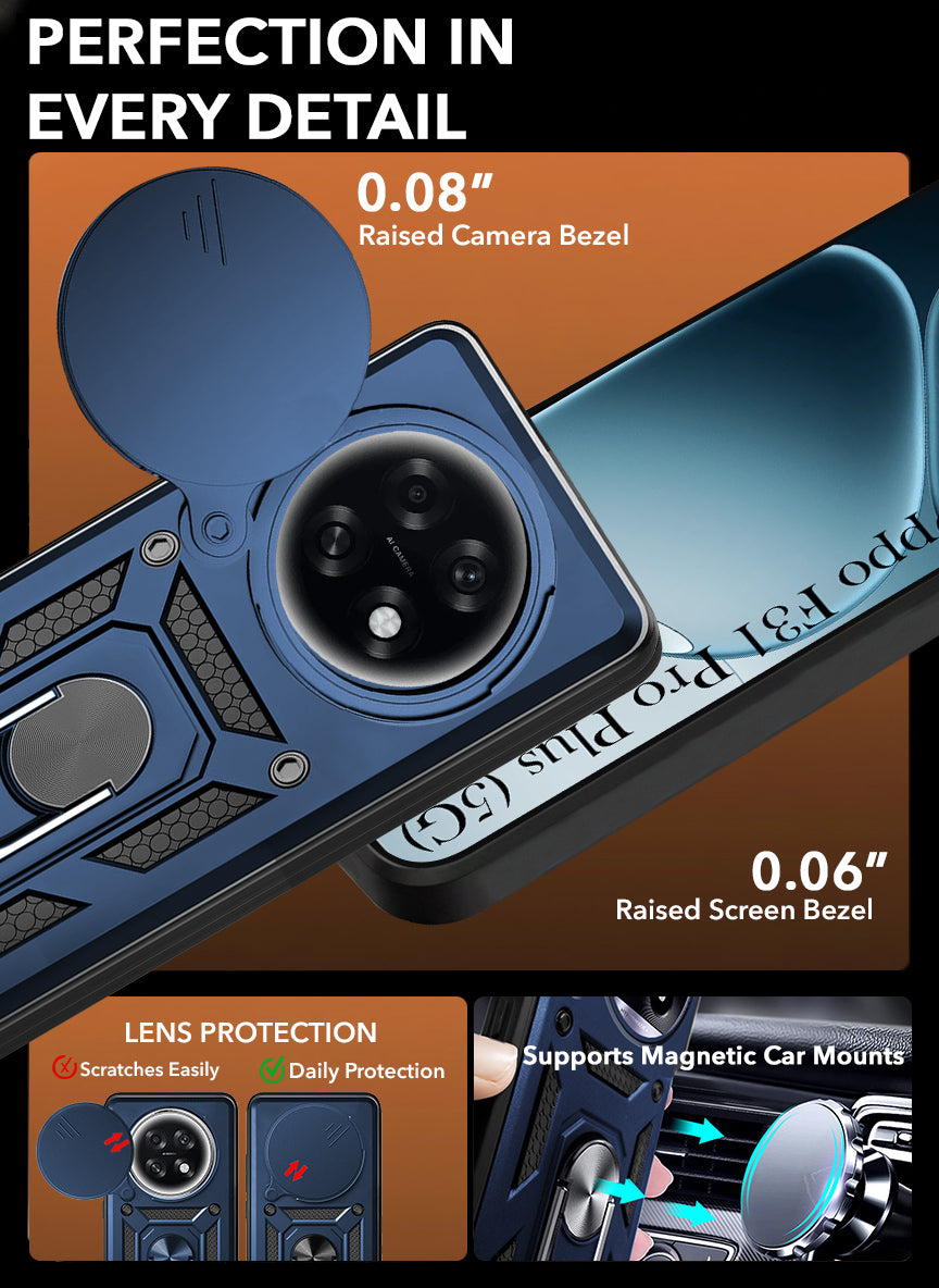 For Oppo F31 Pro Plus Hybrid Armor Back Cover Case (Sliding Shutter Camera Protection | Polycarbonate |Ring Holder Kickstand)
