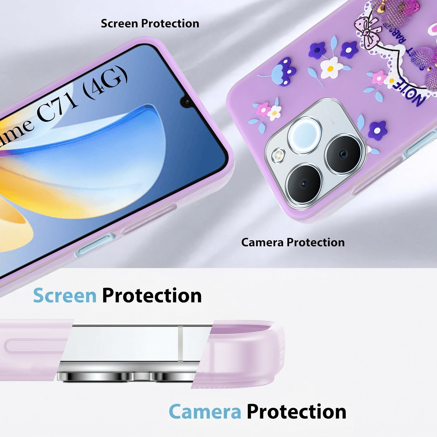 For Realme C71 Back Cover Case (3D Cute Heart Strap Holder | Camera Protection | Designer Girls Print)