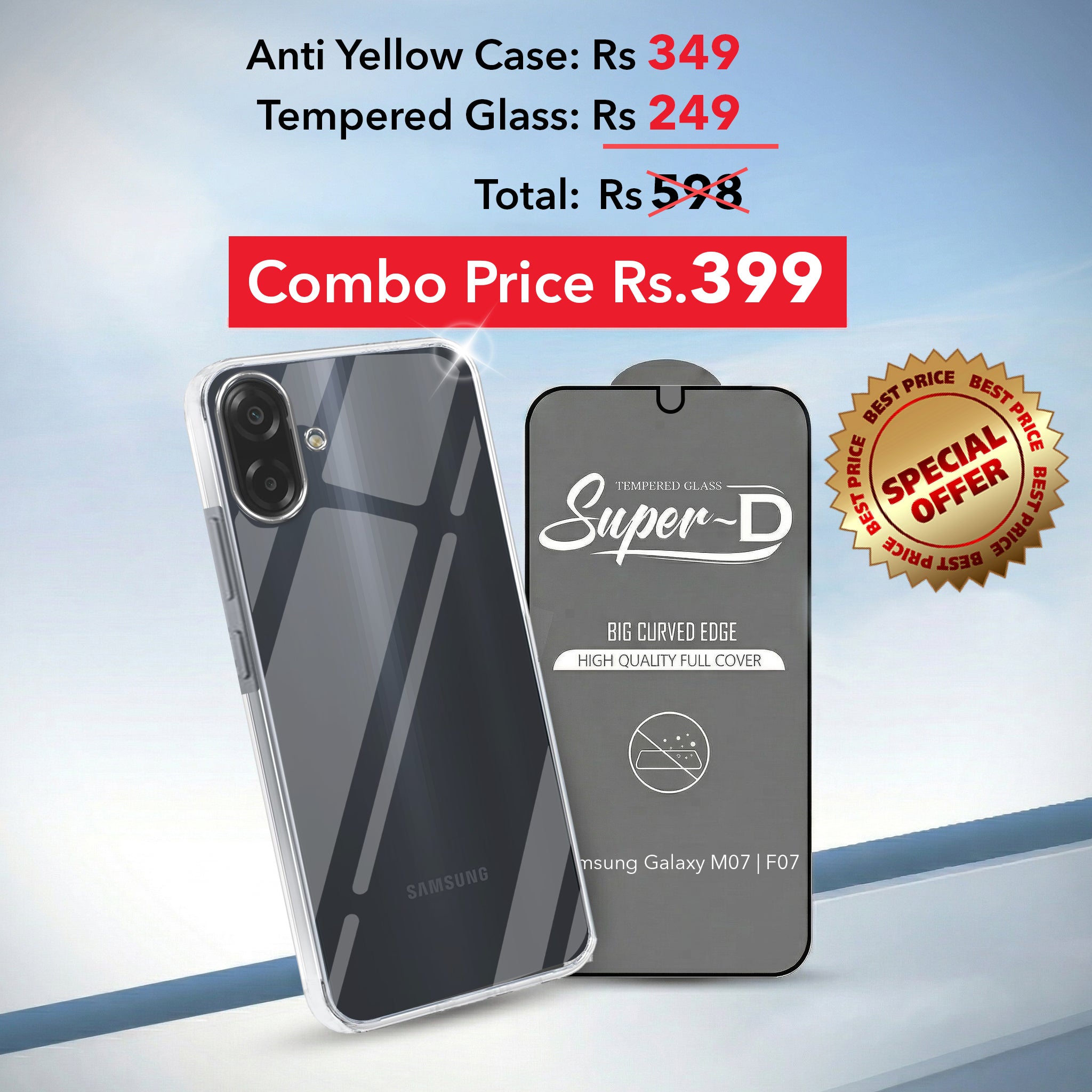 For Samsung Galaxy M07 | Samsung Galaxy F07 Combo with Back Cover and 9H Tempered Glass (Lifetime Anti-Yellow | Sleek Hard Crystal | Oleophobic Coating Screen Glass)