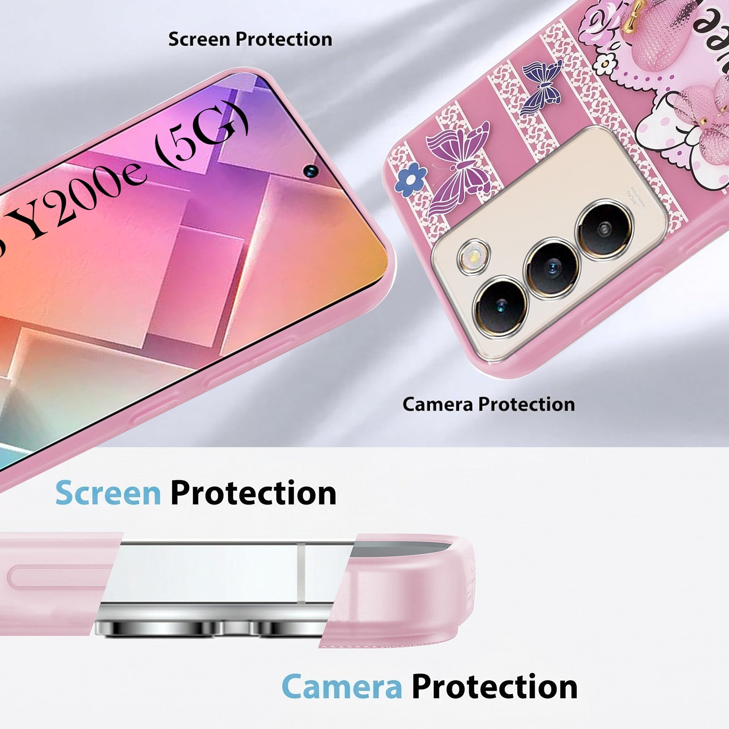 For Vivo Y200e Back Cover Case (3D Cute Heart Strap Holder | Camera Protection | Designer Girls Print)