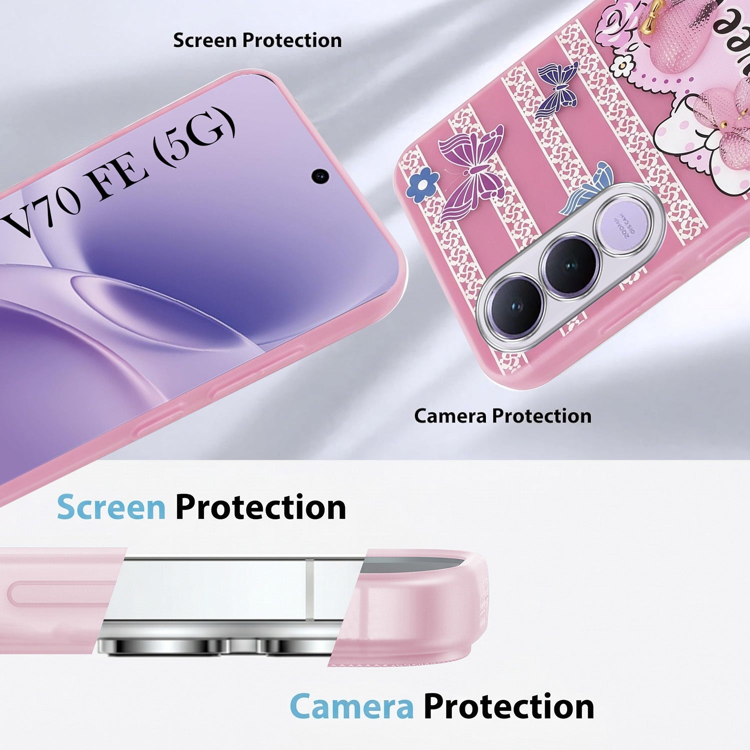 For Vivo V70 FE 5G Back Cover Case (3D Cute Heart Strap Holder | Camera Protection | Designer Girls Print)
