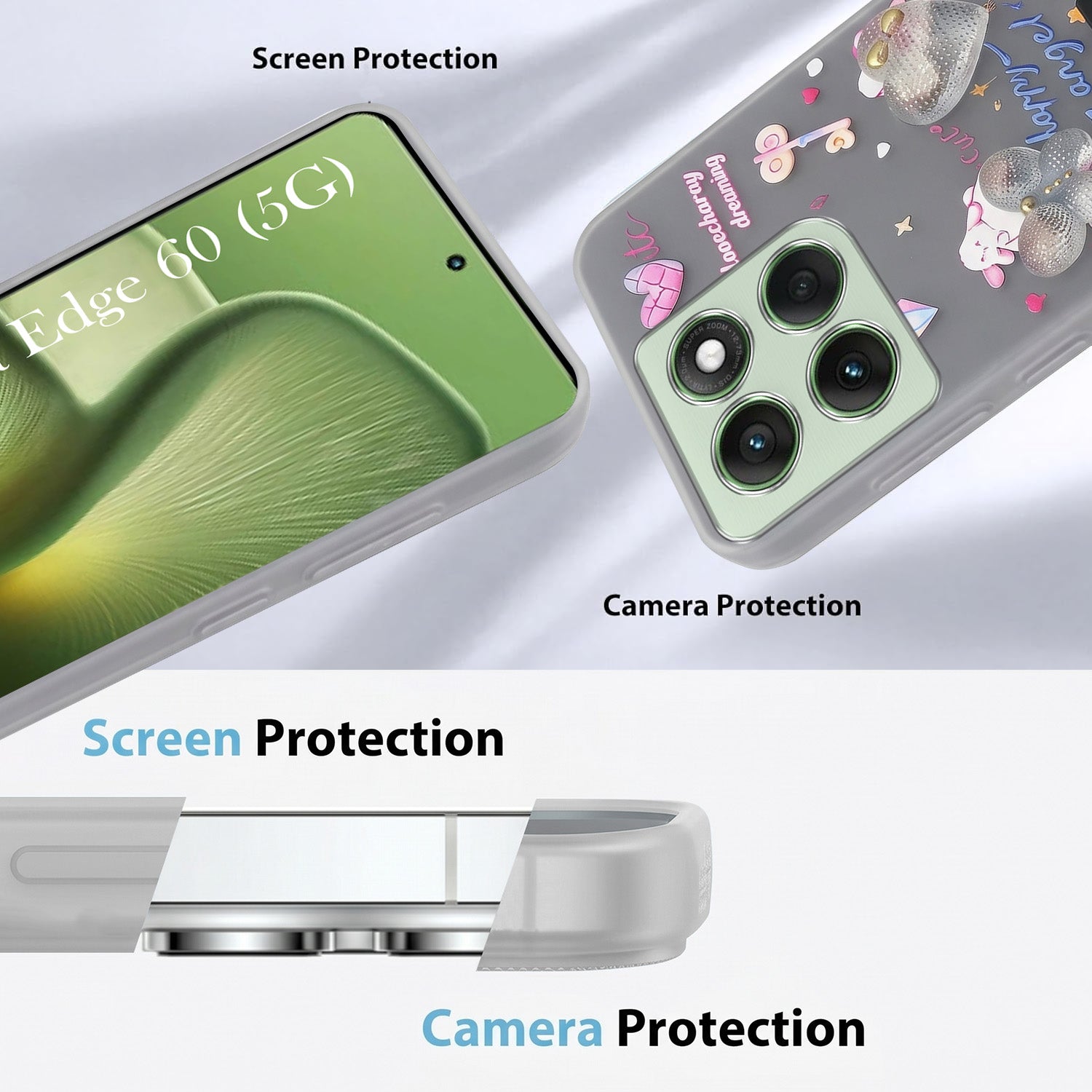 For Motorola Moto Edge 60 Back Cover Case (3D Cute Heart Strap Holder | Camera Protection | Designer Girls Print)