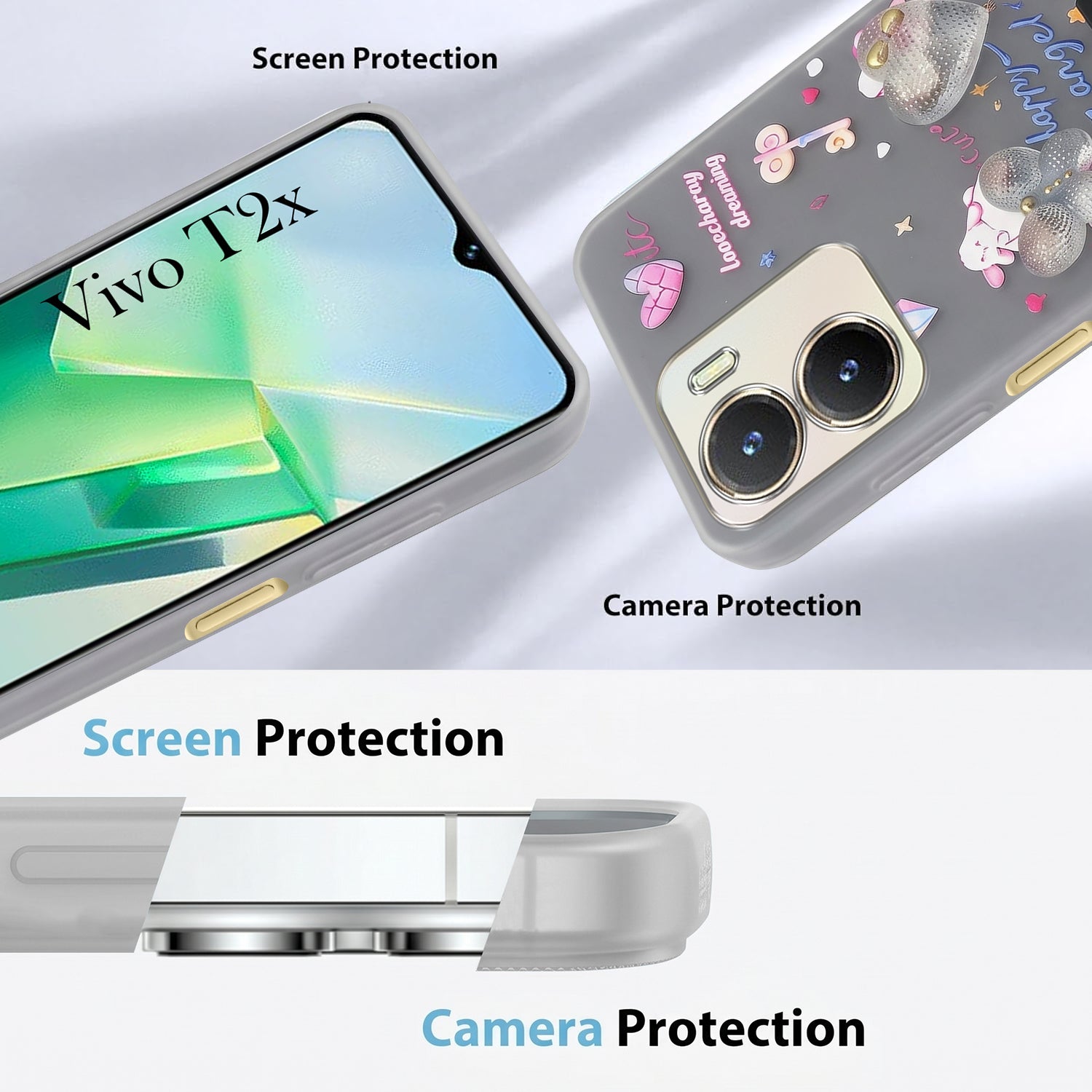 For Vivo T2x Back Cover Case (3D Cute Heart Strap Holder | Camera Protection | Designer Girls Print)