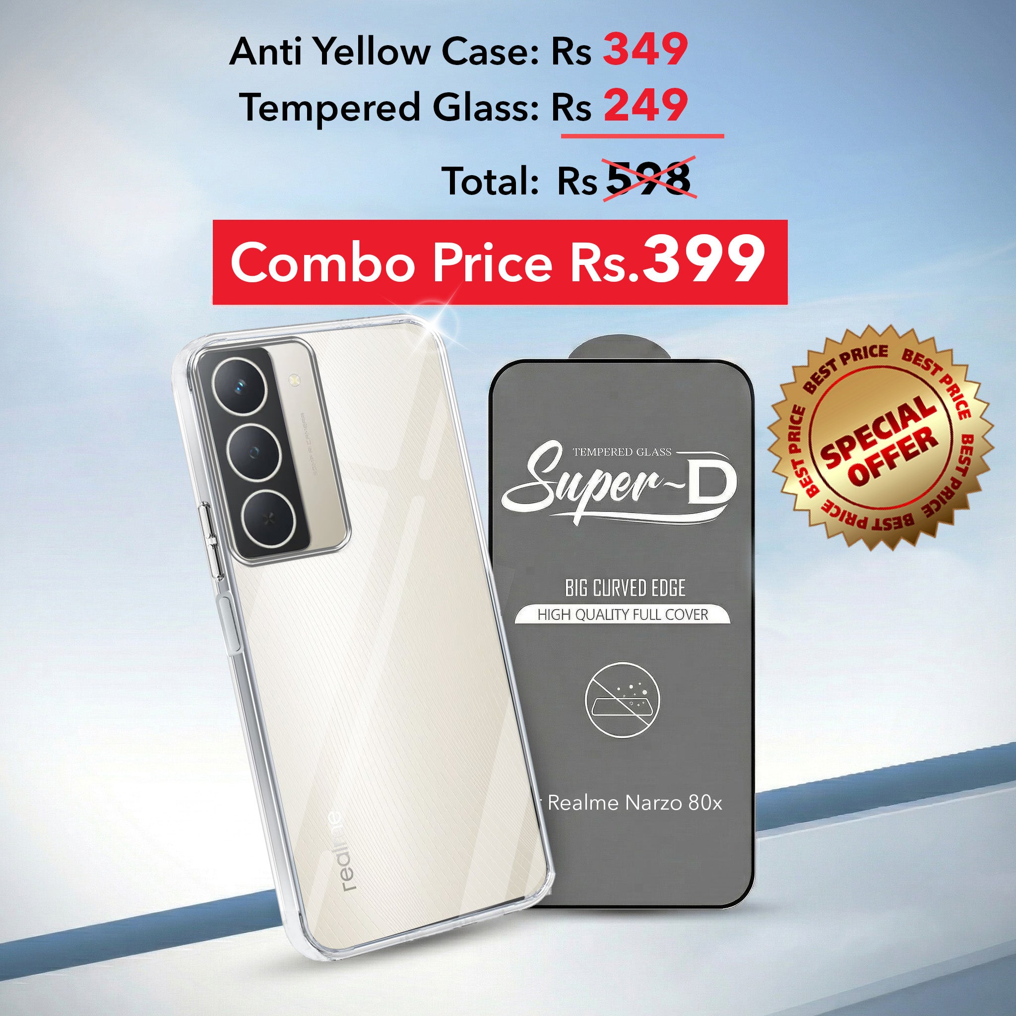 For Realme Narzo 80x Combo with Back Cover and 9H Tempered Glass (Lifetime Anti-Yellow | Sleek Hard Crystal | Oleophobic Coating Screen Glass)