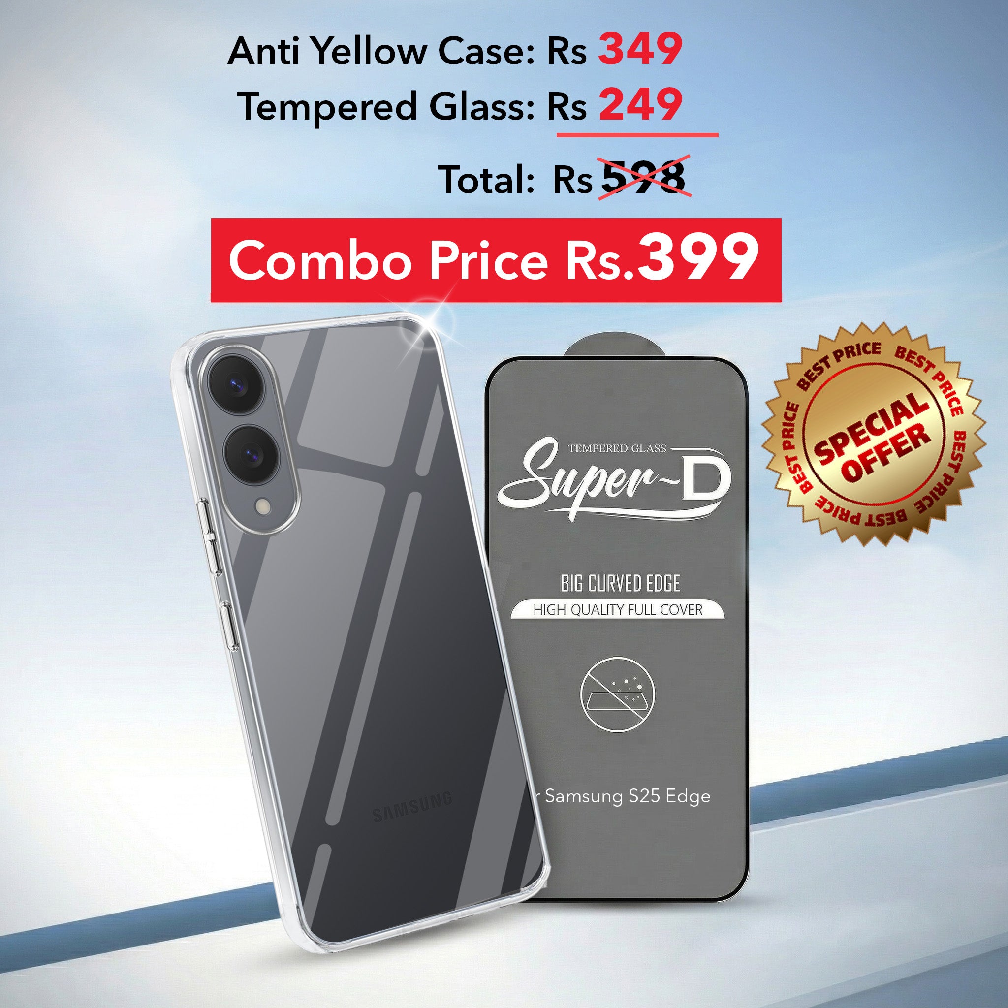 For Samsung Galaxy S25 Edge Combo with Back Cover and 9H Tempered Glass (Lifetime Anti-Yellow | Sleek Hard Crystal | Oleophobic Coating Screen Glass)