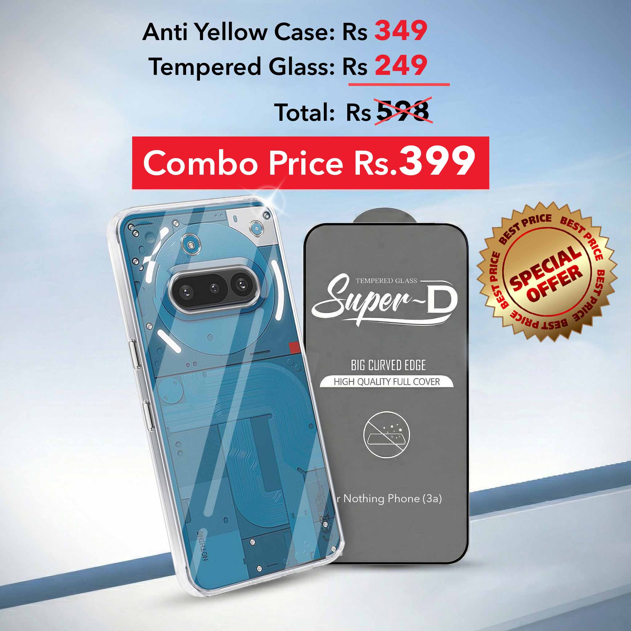 For Nothing Phone 3A Combo with Back Cover and 9H Tempered Glass (Lifetime Anti-Yellow | Sleek Hard Crystal | Oleophobic Coating Screen Glass)