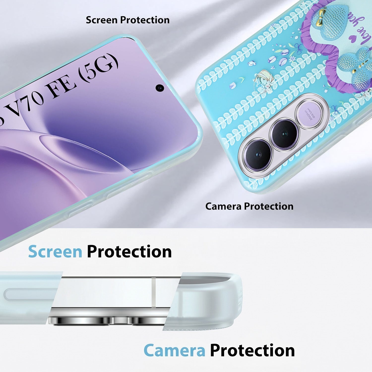 For Vivo V70 FE 5G Back Cover Case (3D Cute Heart Strap Holder | Camera Protection | Designer Girls Print)