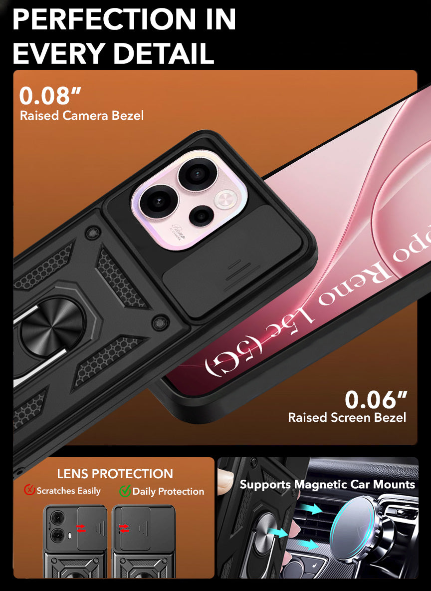 For Oppo Reno 15c Back Cover Case Hybrid Armor (Sliding Shutter Camera Protection | Polycarbonate |Ring Holder Kickstand)