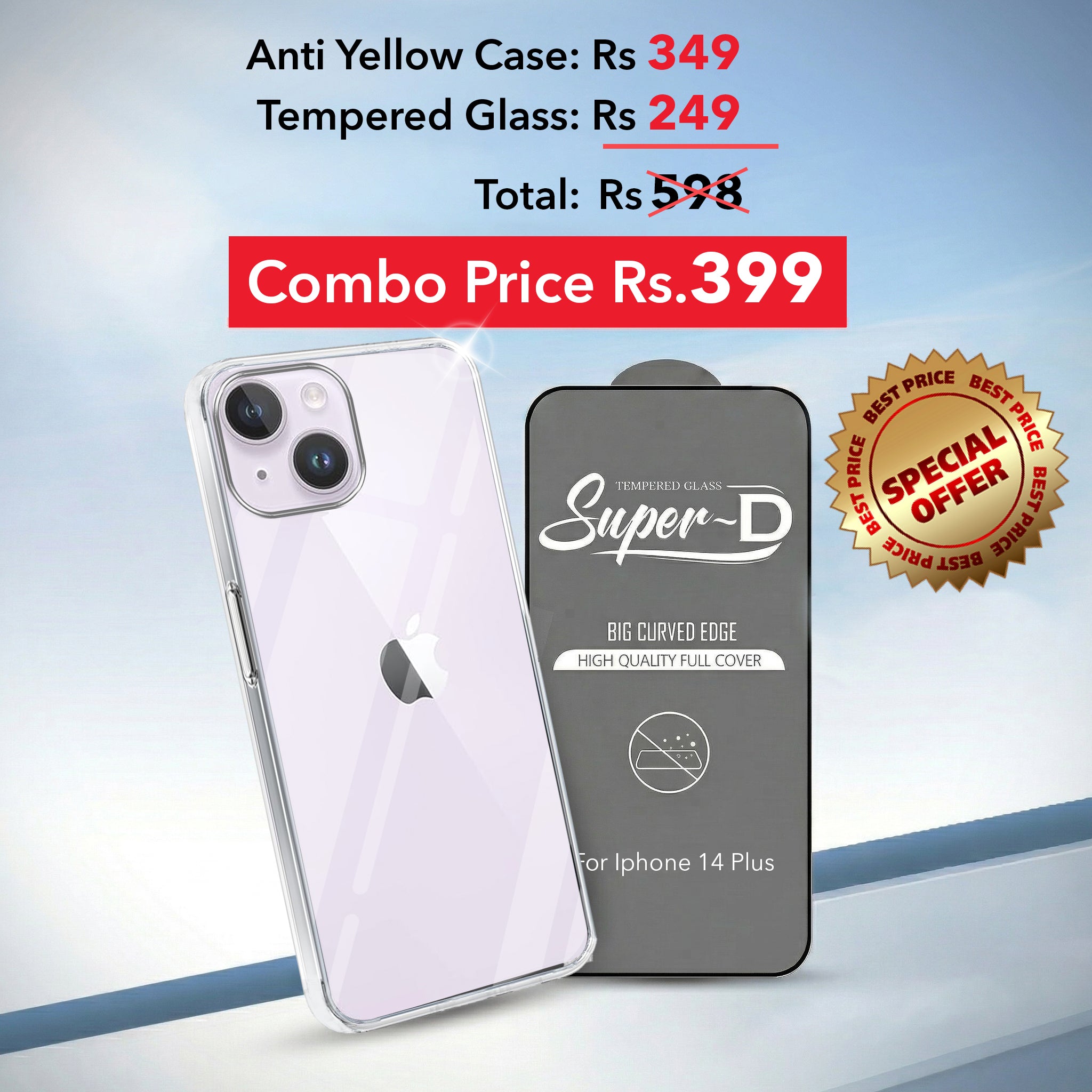 For Apple iPhone14 Plus Combo with Back Cover and 9H Tempered Glass (Lifetime Anti-Yellow | Sleek Hard Crystal | Oleophobic Coating Screen Glass)