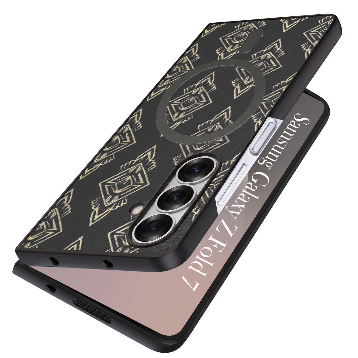 For Samsung Galaxy Z Fold 7 Back Cover Case Premium Magnetic (MagSafe Compatible | 180° Folding Design | Geometric Gold Pattern | Soft Microfiber Inner Lining)