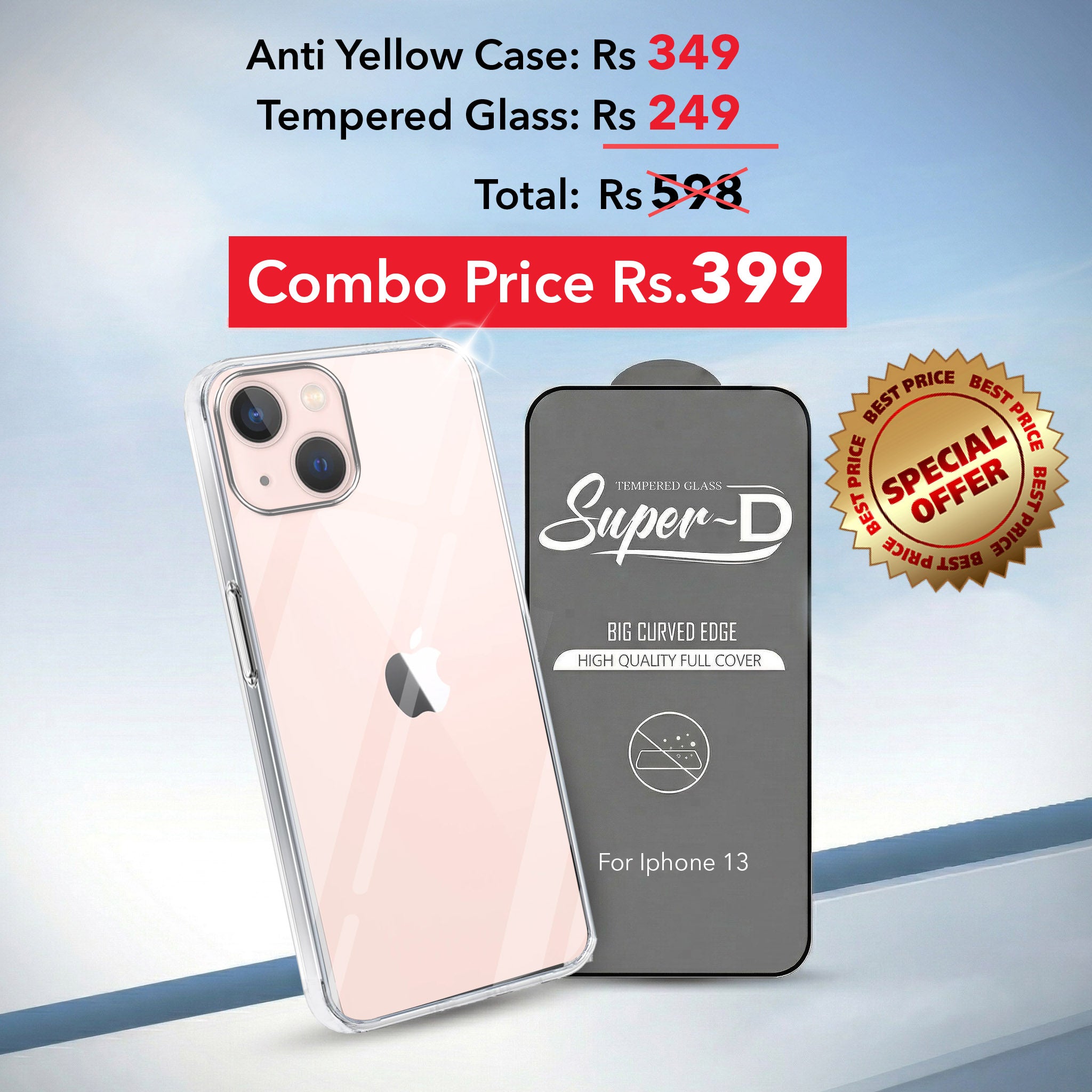 For Apple iPhone 13 Combo with Back Cover and 9H Tempered Glass (Lifetime Anti-Yellow | Sleek Hard Crystal | Oleophobic Coating Screen Glass)
