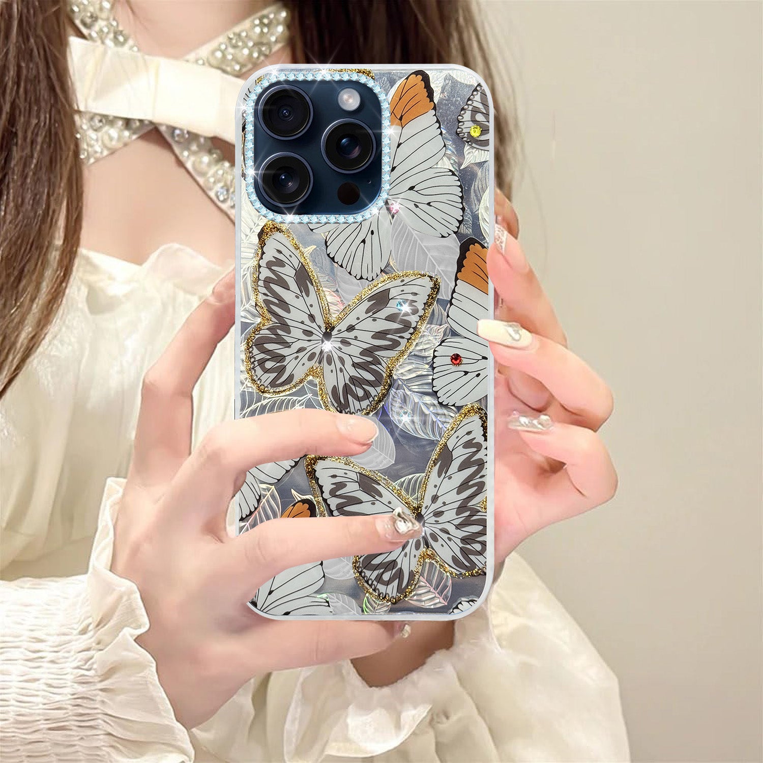 For Apple iPhone 15 Pro Max Back Cover Case (Luxury Floral Glitter Cute Butterfly | Diamond Studded Camera Bump | Girls & Women Design)