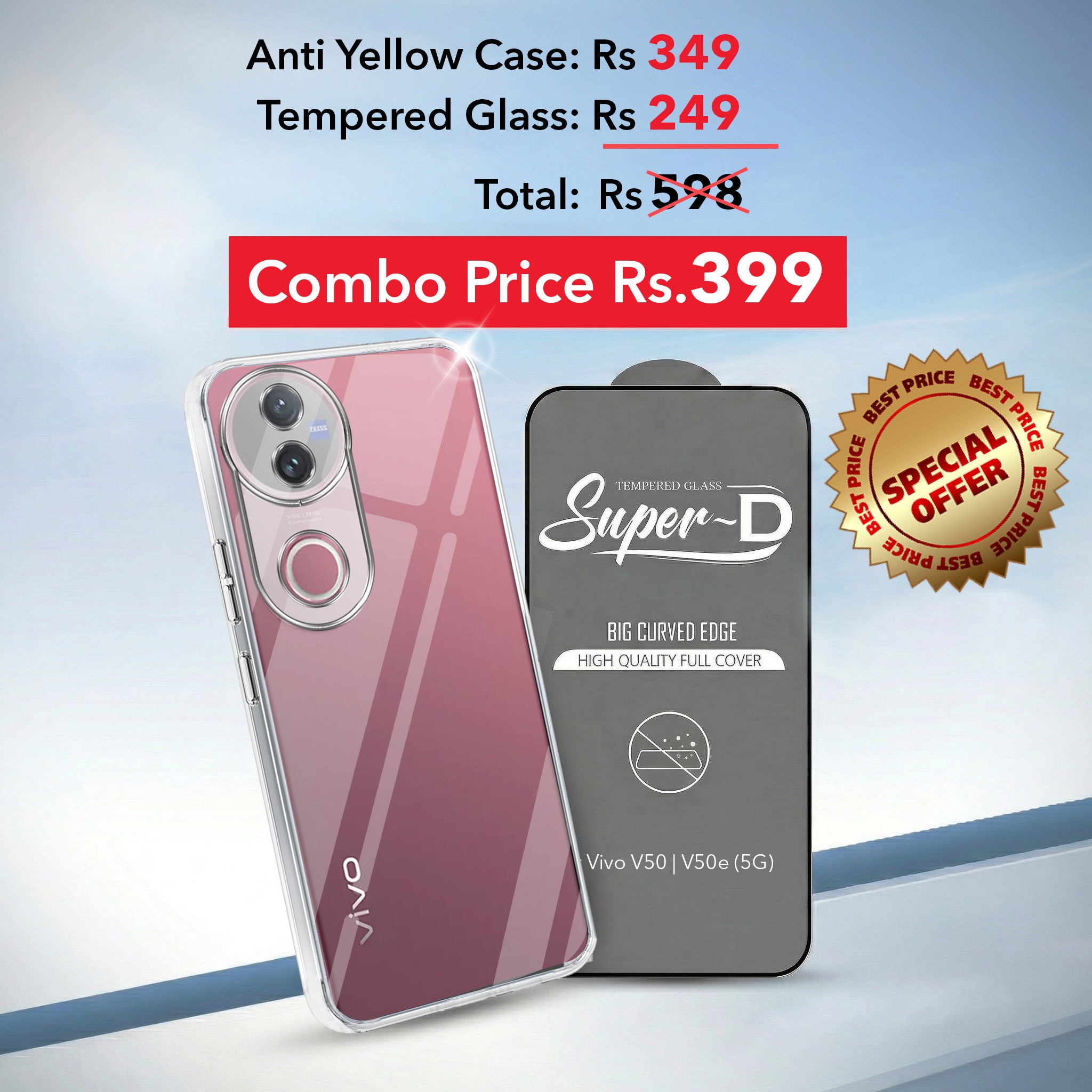 For Vivo V50 | Vivo V50e Combo with Back Cover and 9H Tempered Glass (Lifetime Anti-Yellow | Sleek Hard Crystal | Oleophobic Coating Screen Glass)