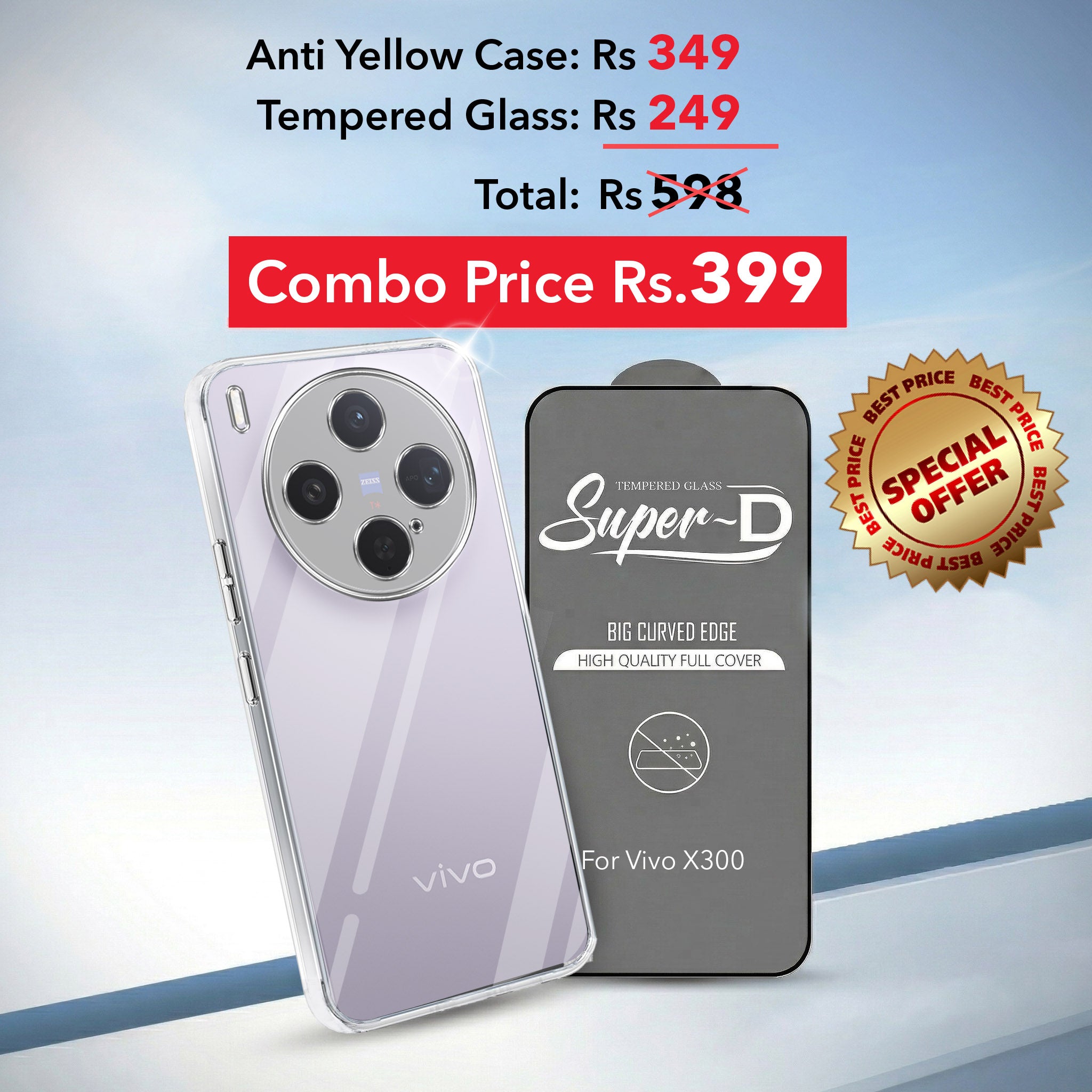 For Vivo X300 5G Combo with Back Cover and 9H Tempered Glass (Lifetime Anti-Yellow | Sleek Hard Crystal | Oleophobic Coating Screen Glass)