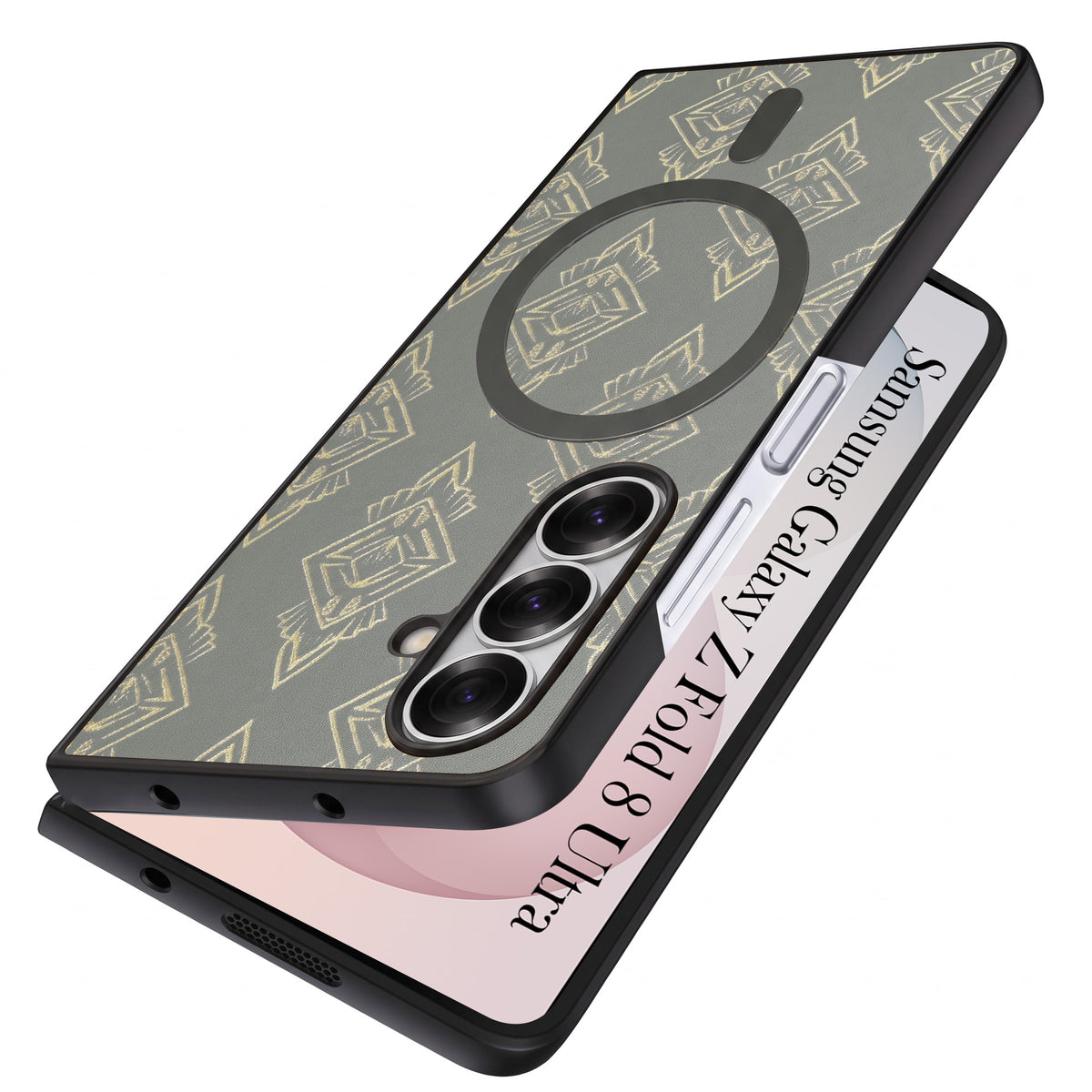 For Samsung Galaxy Z Fold 8 Ultra Back Cover Case Premium Magnetic (MagSafe Compatible | 180° Folding Design | Geometric Gold Pattern | Soft Microfiber Inner Lining)