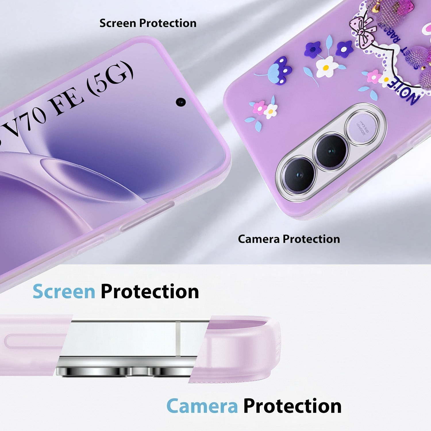 For Vivo V70 FE 5G Back Cover Case (3D Cute Heart Strap Holder | Camera Protection | Designer Girls Print)