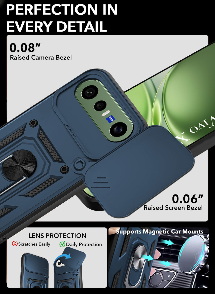 For Vivo X300 FE Back Cover Case Hybrid Armor (Sliding Shutter Camera Protection | Polycarbonate |Ring Holder Kickstand)