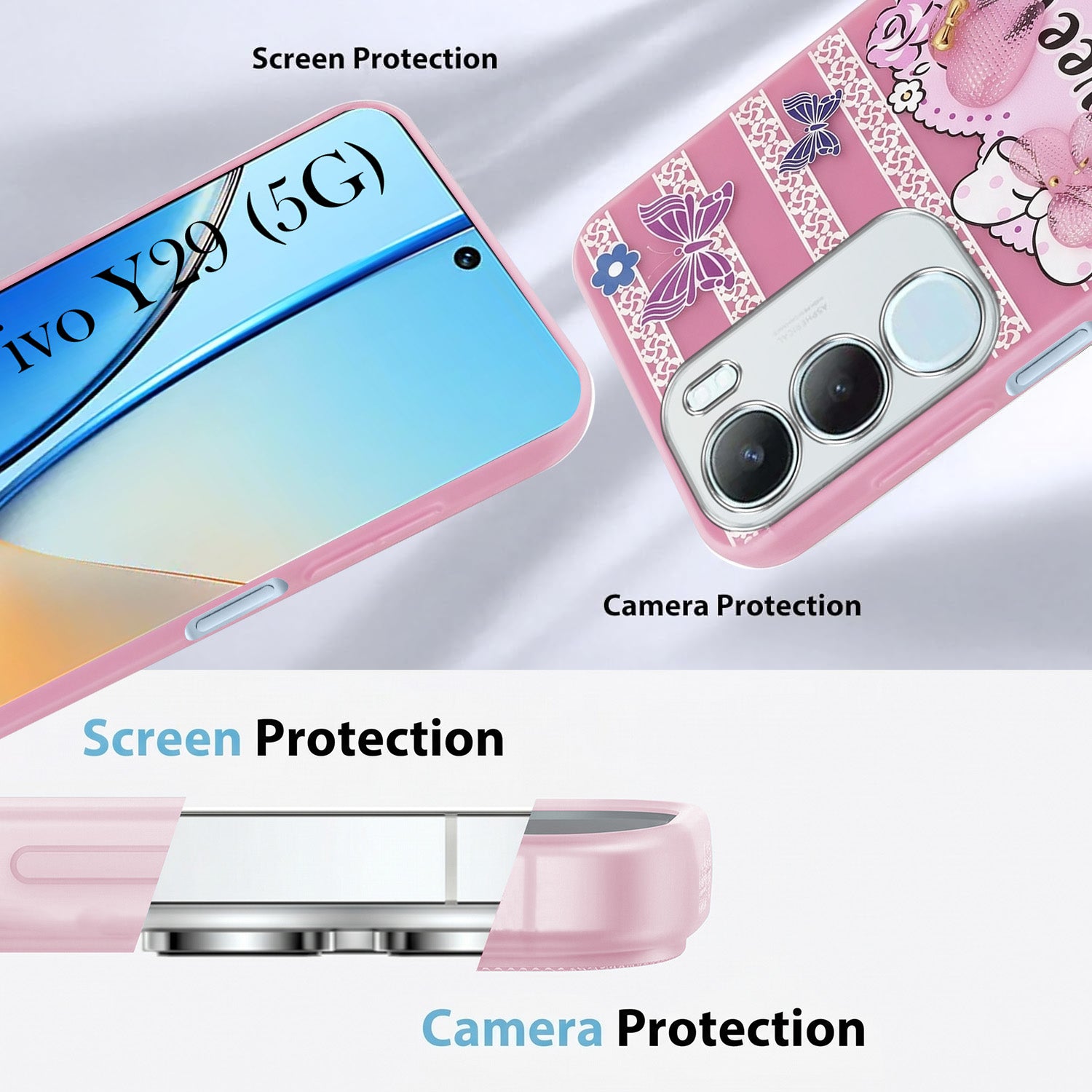 For Vivo Y29 Back Cover Case (3D Cute Heart Strap Holder | Camera Protection | Designer Girls Print)