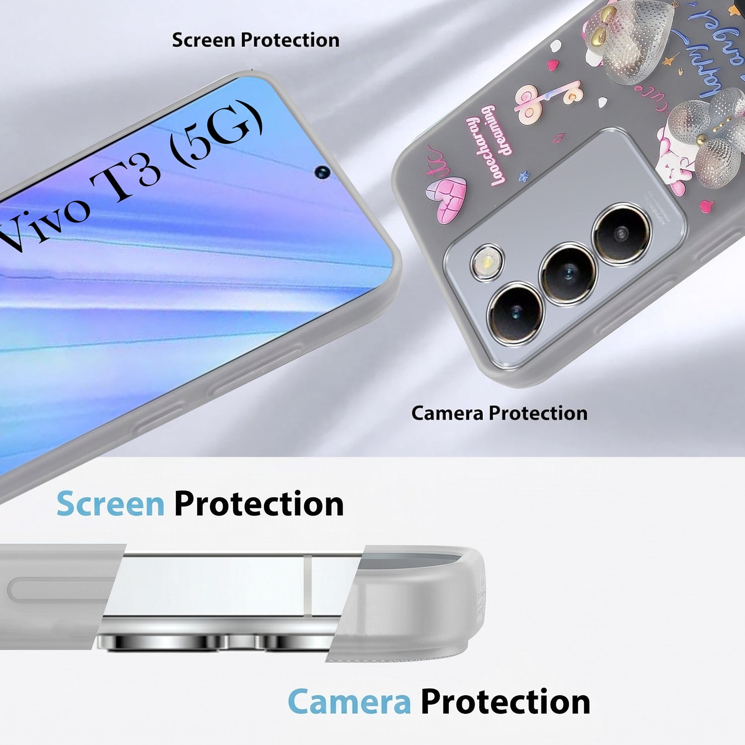 For Vivo T3 5G Back Cover Case (3D Cute Heart Strap Holder | Camera Protection | Designer Girls Print)