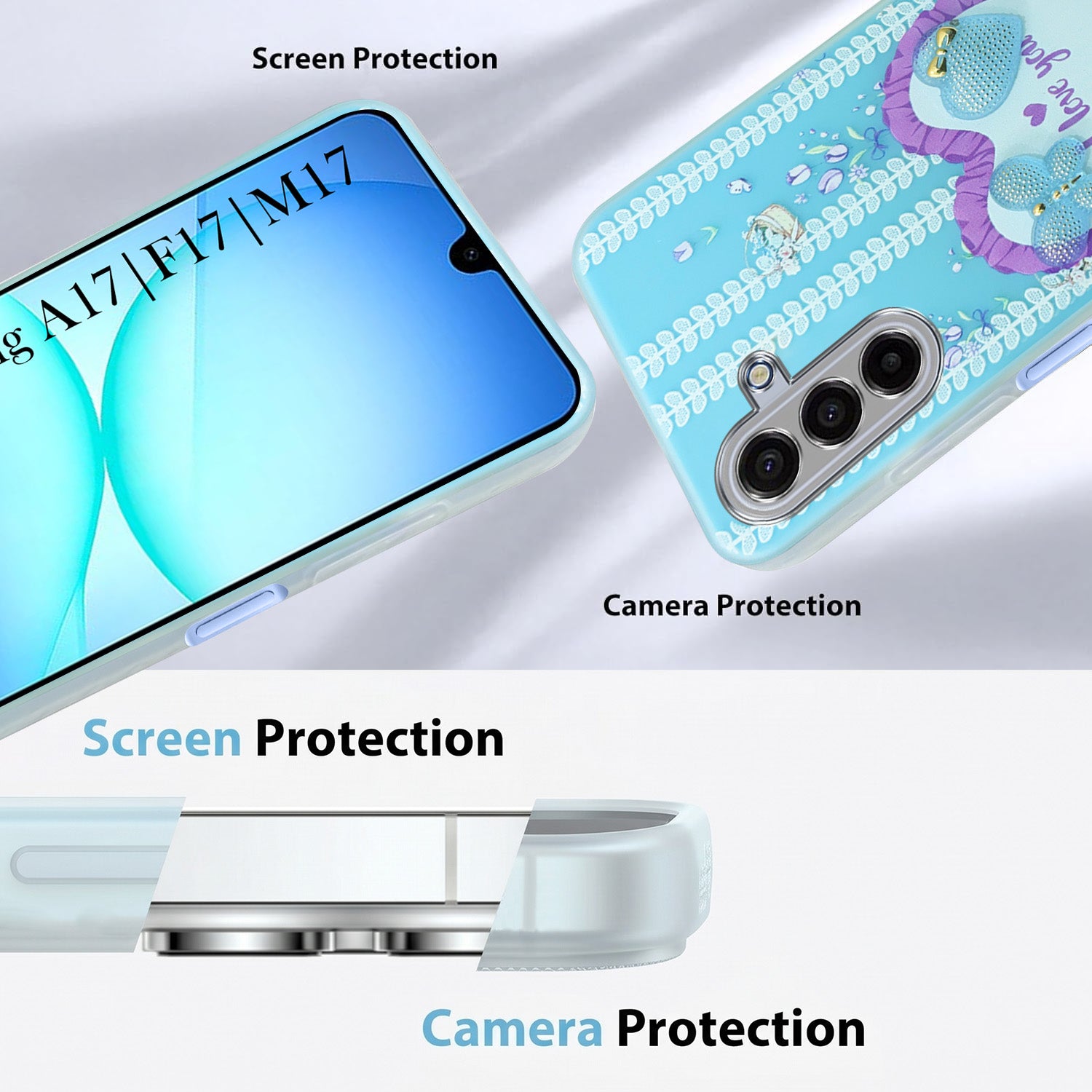 For Samsung A17 Back Cover Case (3D Cute Heart Strap Holder | Camera Protection | Designer Girls Print)
