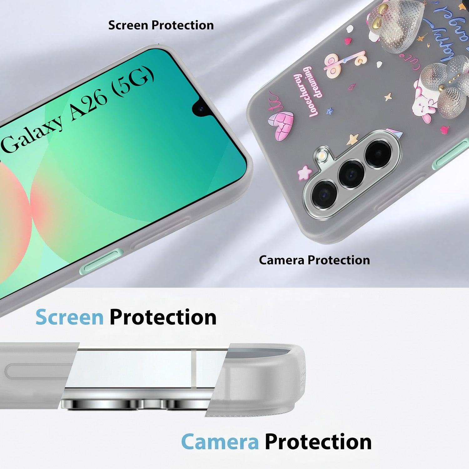 For Samsung Galaxy A26 5G Back Cover Case (3D Cute Heart Strap Holder | Camera Protection | Designer Girls Print)