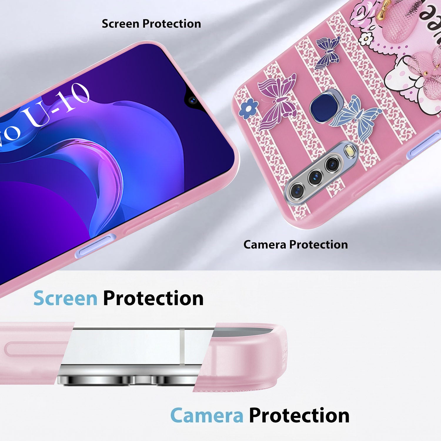 For Vivo U10 Back Cover Case (3D Cute Heart Strap Holder | Camera Protection | Designer Girls Print)