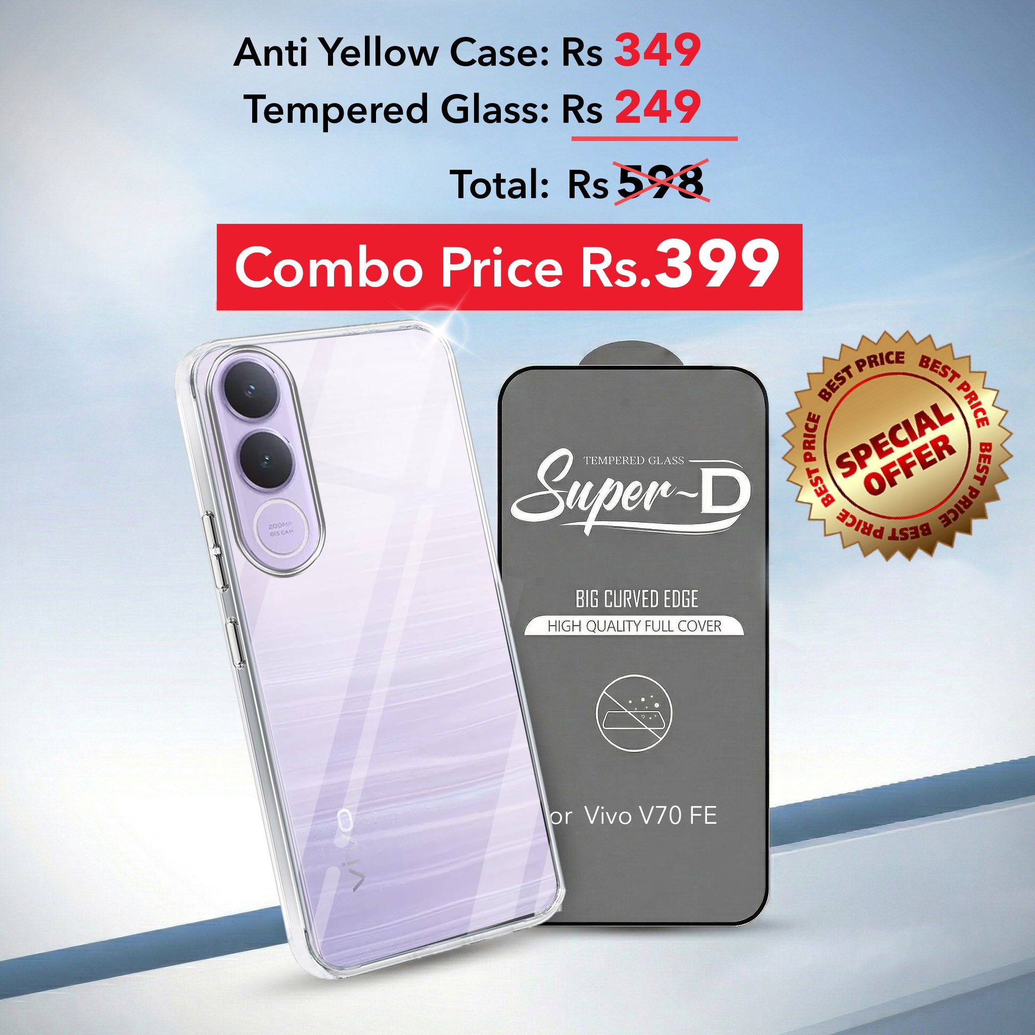For Vivo V70 FE Combo with Back Cover and 9H Tempered Glass (Lifetime Anti-Yellow | Sleek Hard Crystal | Oleophobic Coating Screen Glass)