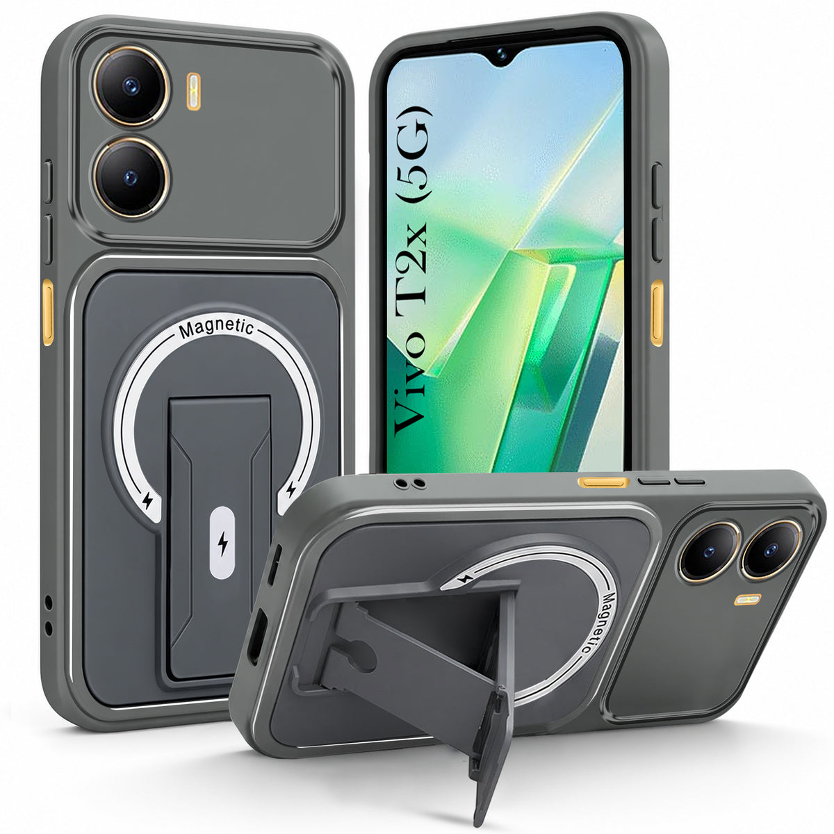 For Vivo T2x Back Case Cover Metallic (Hybrid Armor Kickstand | MagSafe Compatible | Camera Protection Shockproof)