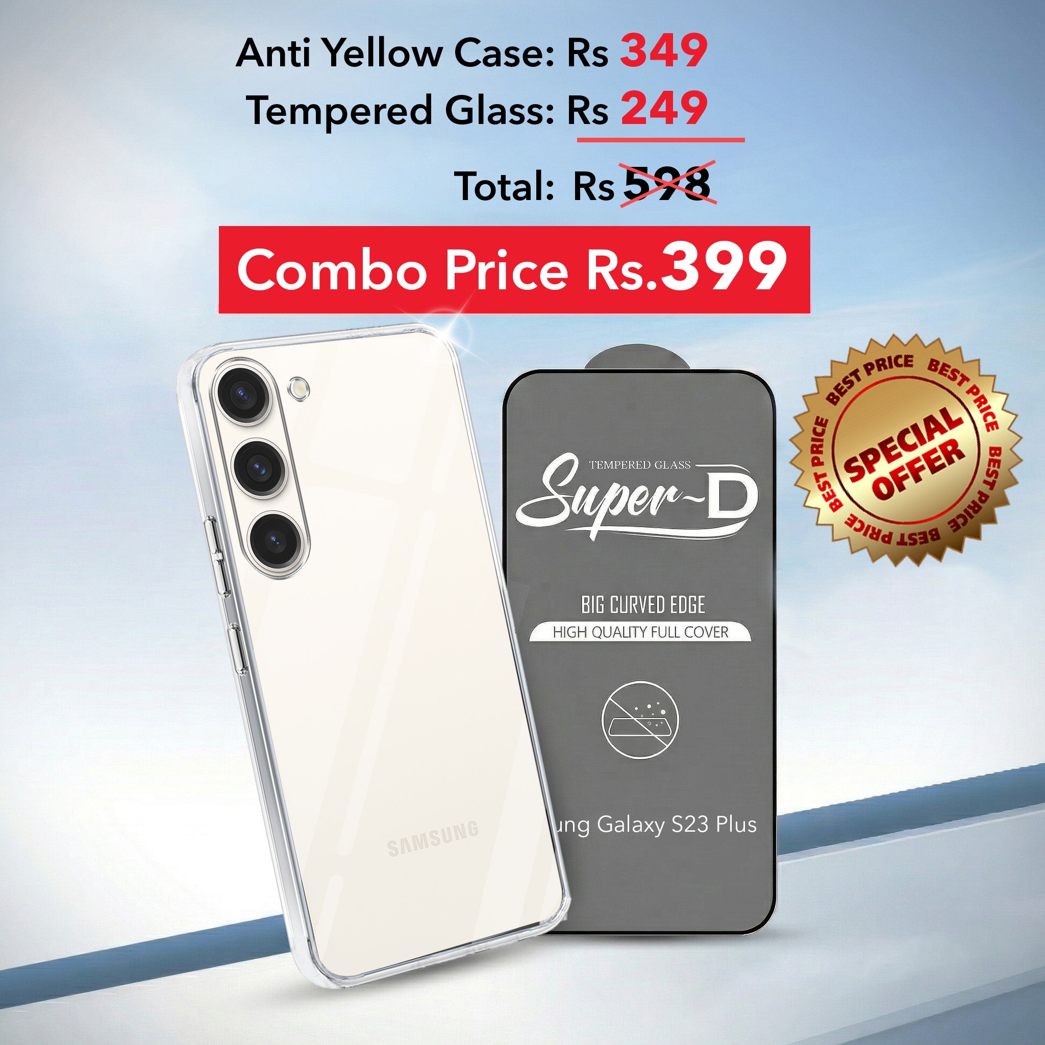 For Samsung Galaxy S23 Plus Combo with Back Cover and 9H Tempered Glass (Lifetime Anti-Yellow | Sleek Hard Crystal | Oleophobic Coating Screen Glass)