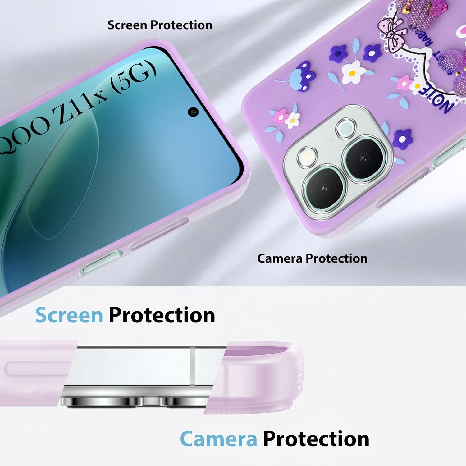 For iQOO Z11x 5G Back Cover Case (3D Cute Heart Strap Holder | Camera Protection | Designer Girls Print)