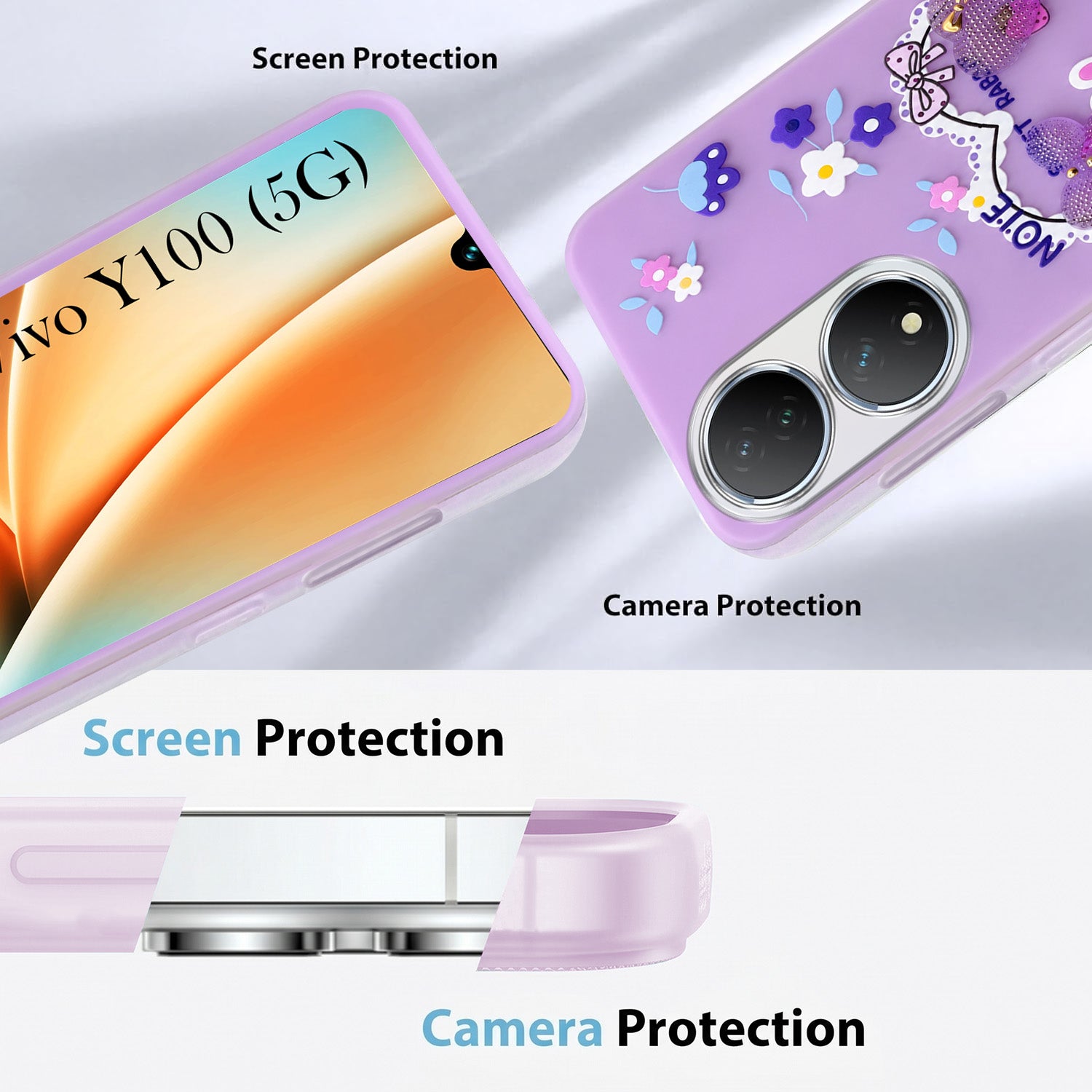 For Vivo Y100 Back Cover Case (3D Cute Heart Strap Holder | Camera Protection | Designer Girls Print)