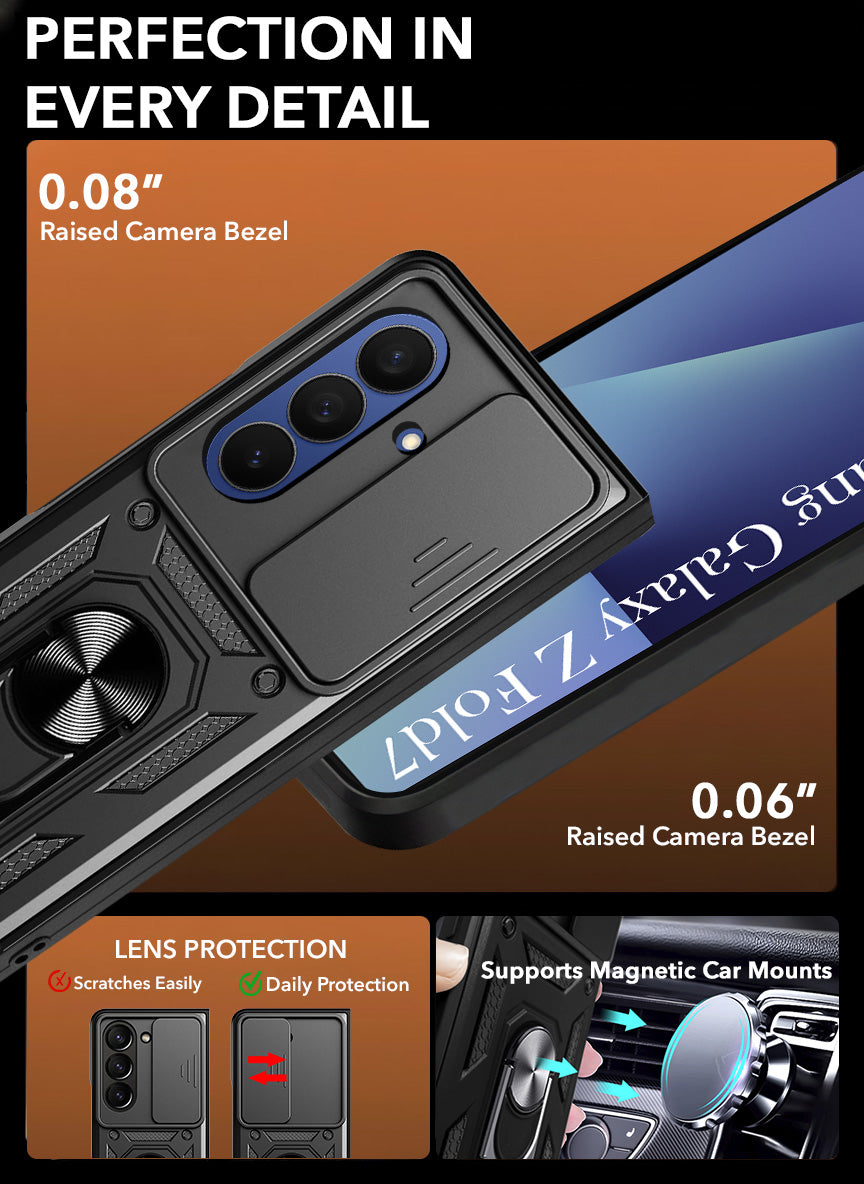 For Samsung Galaxy Z Fold 7 Back Cover Case Hybrid Armor (Sliding Shutter Camera Protection | Polycarbonate |Ring Holder Kickstand)