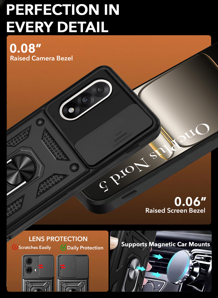 For Oneplus Nord 5 Back Cover Case (Sliding Shutter Camera Protection | Polycarbonate |Ring Holder Kickstand)